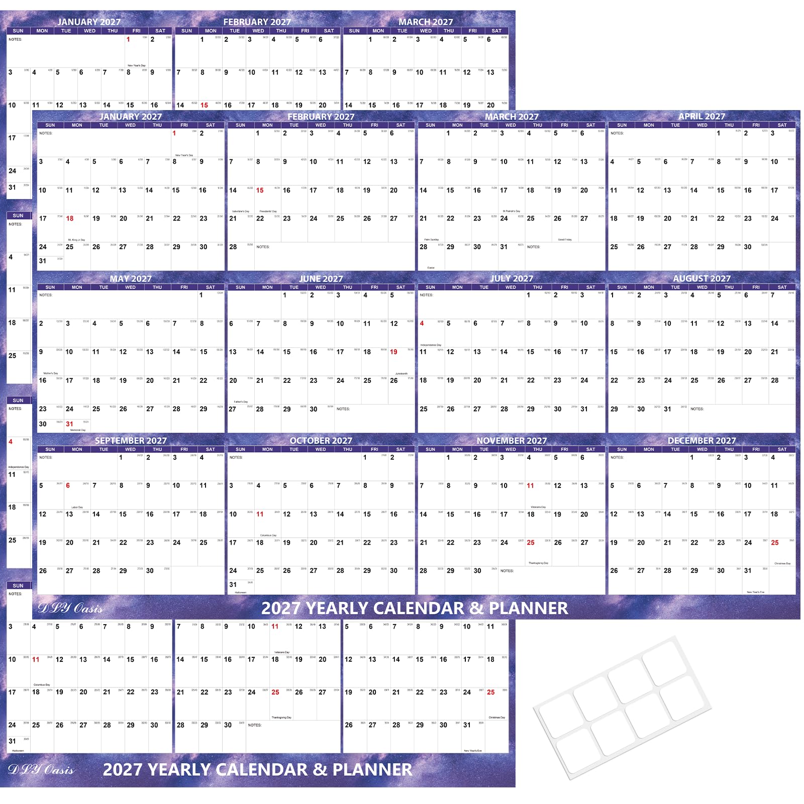 24" x 36" 2027 Wall Calendar Dry Erase Large 12-Month Annual Planner Yearly
