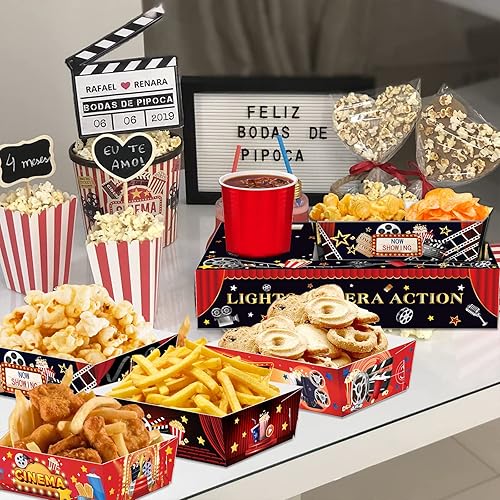 Miniatura 9 de 48 unidades de suministros para fiestas nocturnas de películas, bandejas de aperitivos con bandejas de papel para alimentos, bandejas desechables