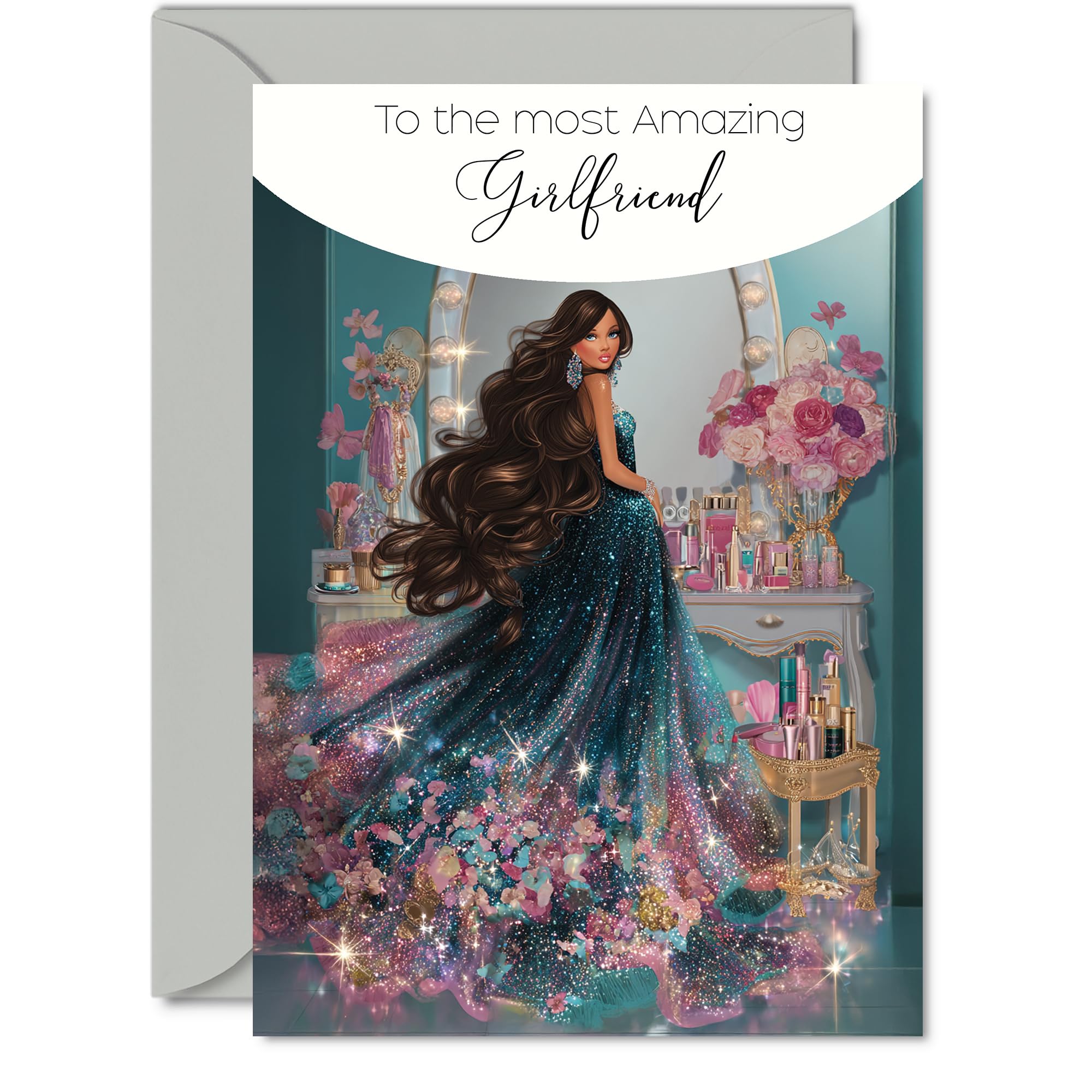 Girlfriend Birthday Card - Glamorous Beauty Fashion - Happy Birthday Card for Girlfriend from Boyfriend Partner, A5 Sparkly Dress Bday Greeting Cards