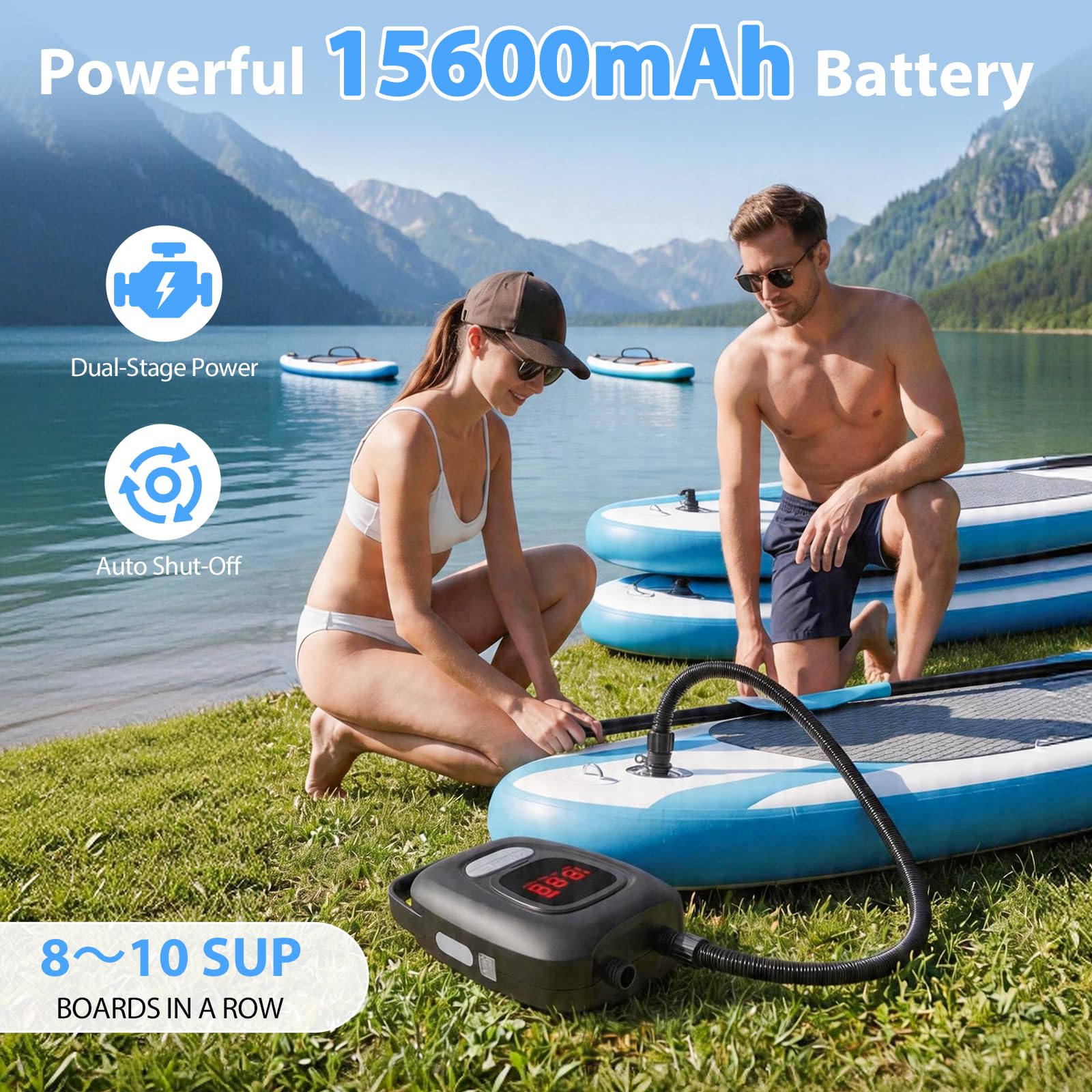 Bomba de Aire Electrica 20 PSI para Sup, con Batería de Alta Capacidad de 15600 mAh, Inflado y Desinflado Inteligente de Doble Etapa, Ideal para Tablas de Paddle Surf, Cometas y Tiendas de Campaña