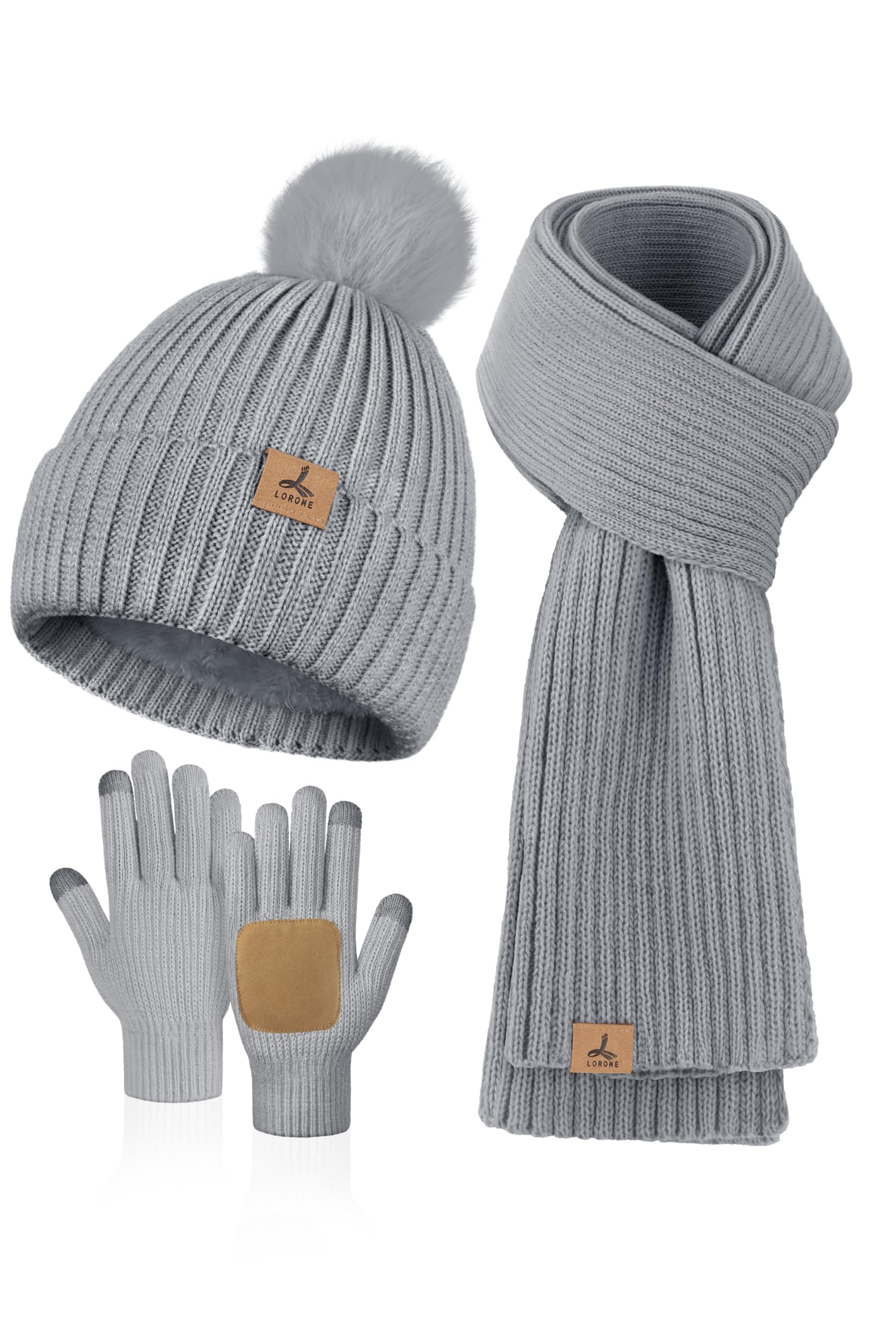 LOROME Damen Winter Beanie Mütze Schal Handschuhe Set Fleece Strick Pompon Mütze Warm Halstuch Touchscreen Handschuhe Winter Geschenk