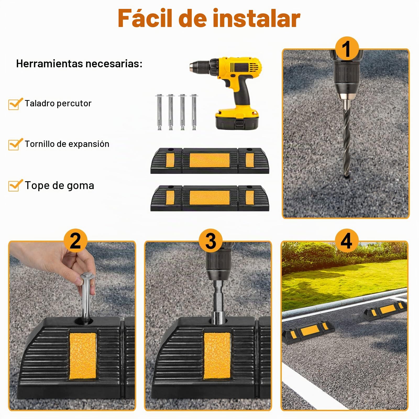 UISEBRT 4 piezas Tope para rueda de goma, Barreras Bloques de Estacionamiento, protección contra arranque con tiras reflectantes para garaje y aparcamiento, 60x12x10cm, Negro+amarillo (4 Piezas)