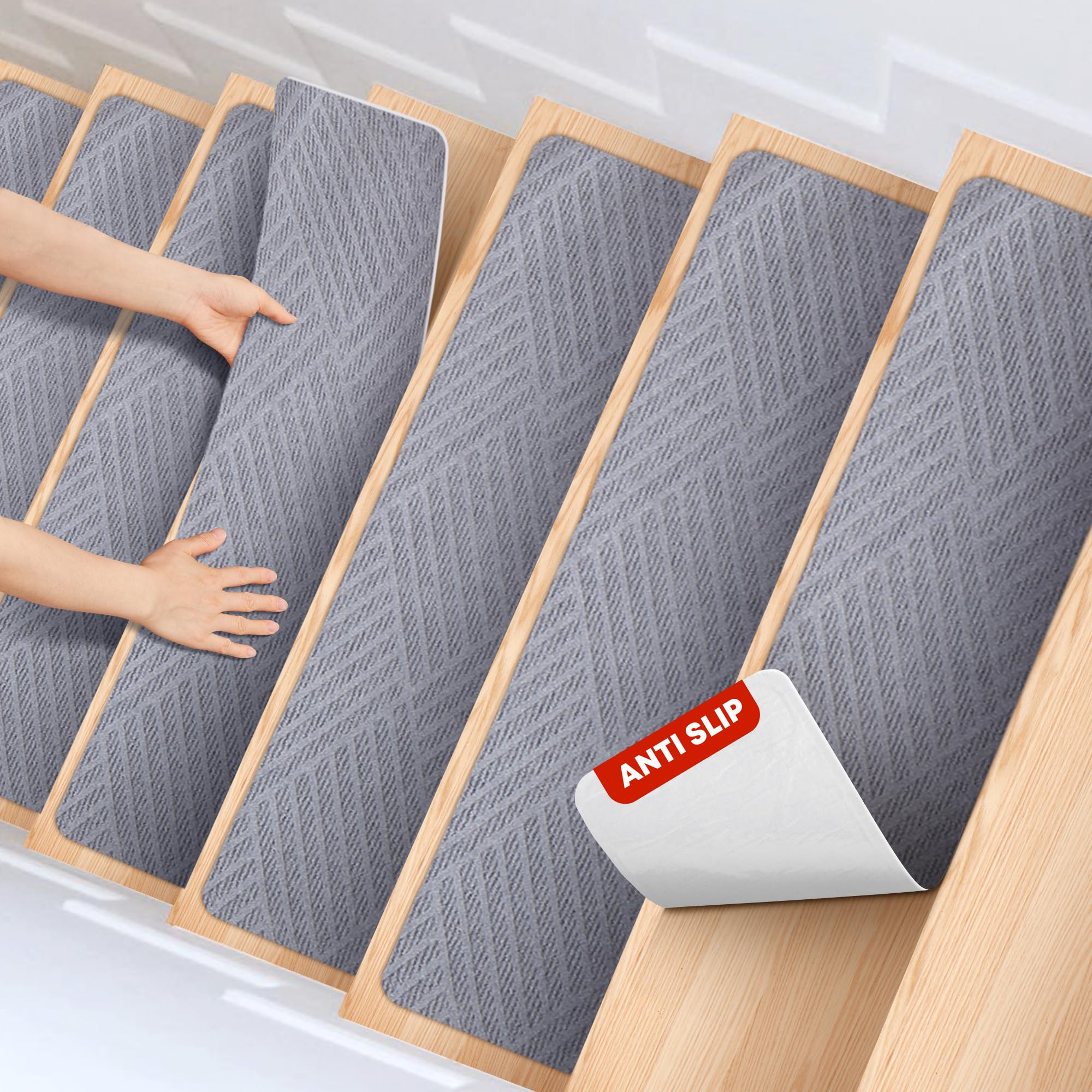 MBIGM 8 X 30inches, 15 in Pack, Non-Slip Carpet Stair Treads Non-Skid Safety Rug Slip Resistant Indoor Runner for Kids Elders and Pets with Reusable Adhesive, Light Gray Weave