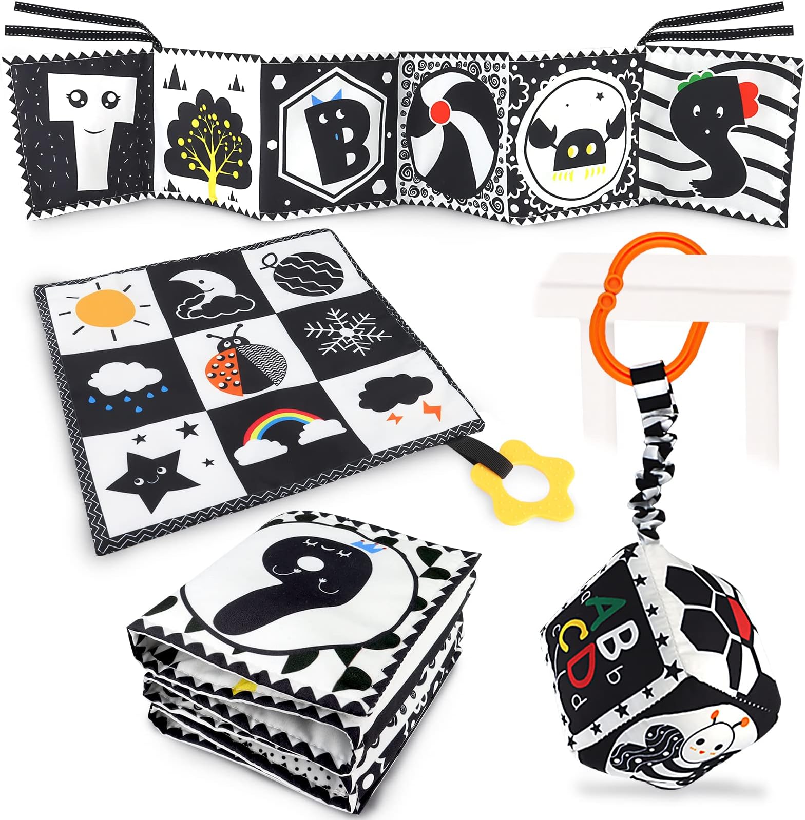 – KUANGO 3 Pcs Black and White High Contrast Baby Toys for Newborn, Montessori Sensory Soft Book for Early Education, Infant Tummy Time Toys 0-9 Months Baby Gifts
