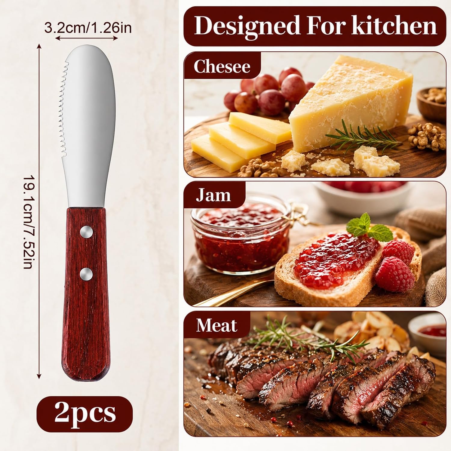 2 Pcs Butter Knife Spreader Set, Stainless Steel Cheese Spreader with Wooden Handle, Wide Edge Butter Spreaders for Sandwiches, Cream, and Condiments, Kitchen Utensils