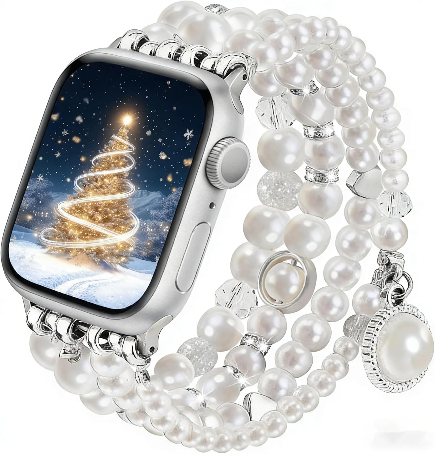 V-MORO Compatible with Apple Watch Band Pearl Series 9/8/7 41mm/40mm Women Fancy Handmade Beaded Elastic Bracelet Bling Jewelry Stretch Strap for iwatch SE Series 6/5/4/3/2/1,Fit for 5.3″-6.2″ wrist(Pure White, 38/40/41mm)