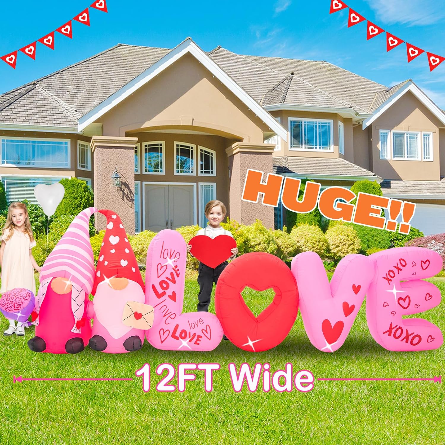 12FT Valentine Inflatables Outdoor Decorations-Love Valentines Day Inflatable Gnome Hold Rose Blow Up Yard Decorations with LED Lights Spring Outside Holiday Party Garden Lawn Decor