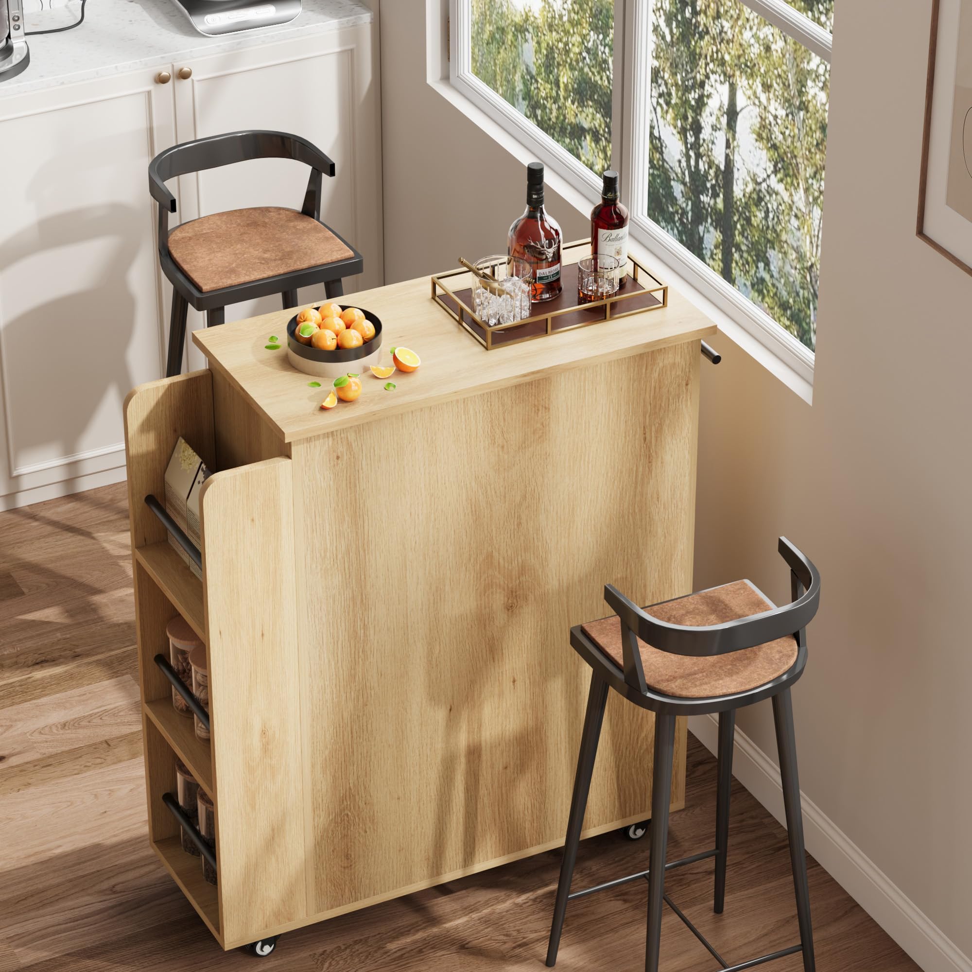 Îlot de Cuisine sur roulettes Style Farmhouse, Chariot de Rangement 60 cm - 2 Portes vitrées + 1 tiroir, étagères 3 Niveaux, Range-épices & Porte-Serviettes, Roues verrouillables - Bois
