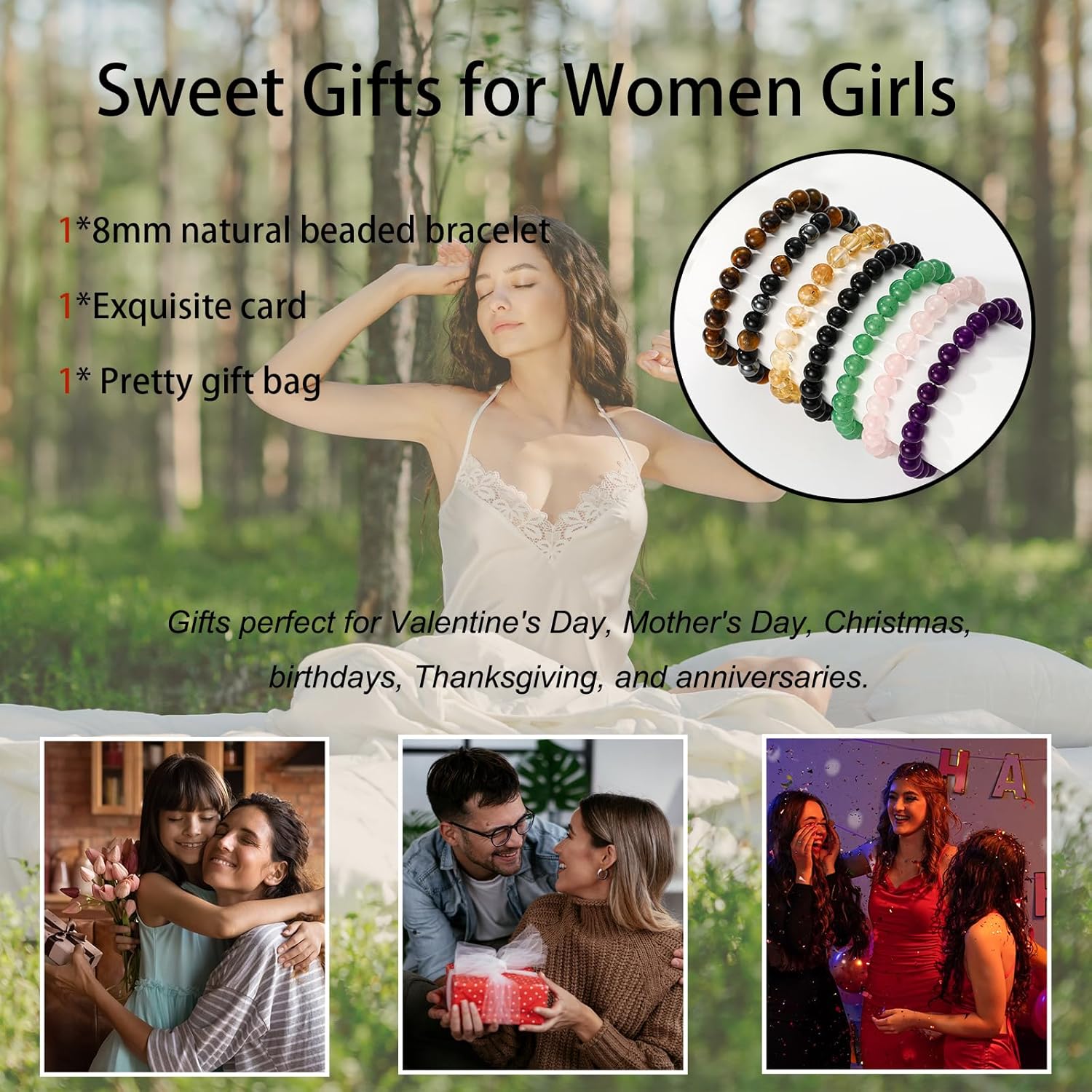 Healing Crystal Bracelet for Women, 8mm Gemstone Beaded Stretch Bracelet Natural Stone Stress Relief Yoga Beads Jewelry Birthday Valentines Christmas Gifts for Her Friends Daughter - Image 6