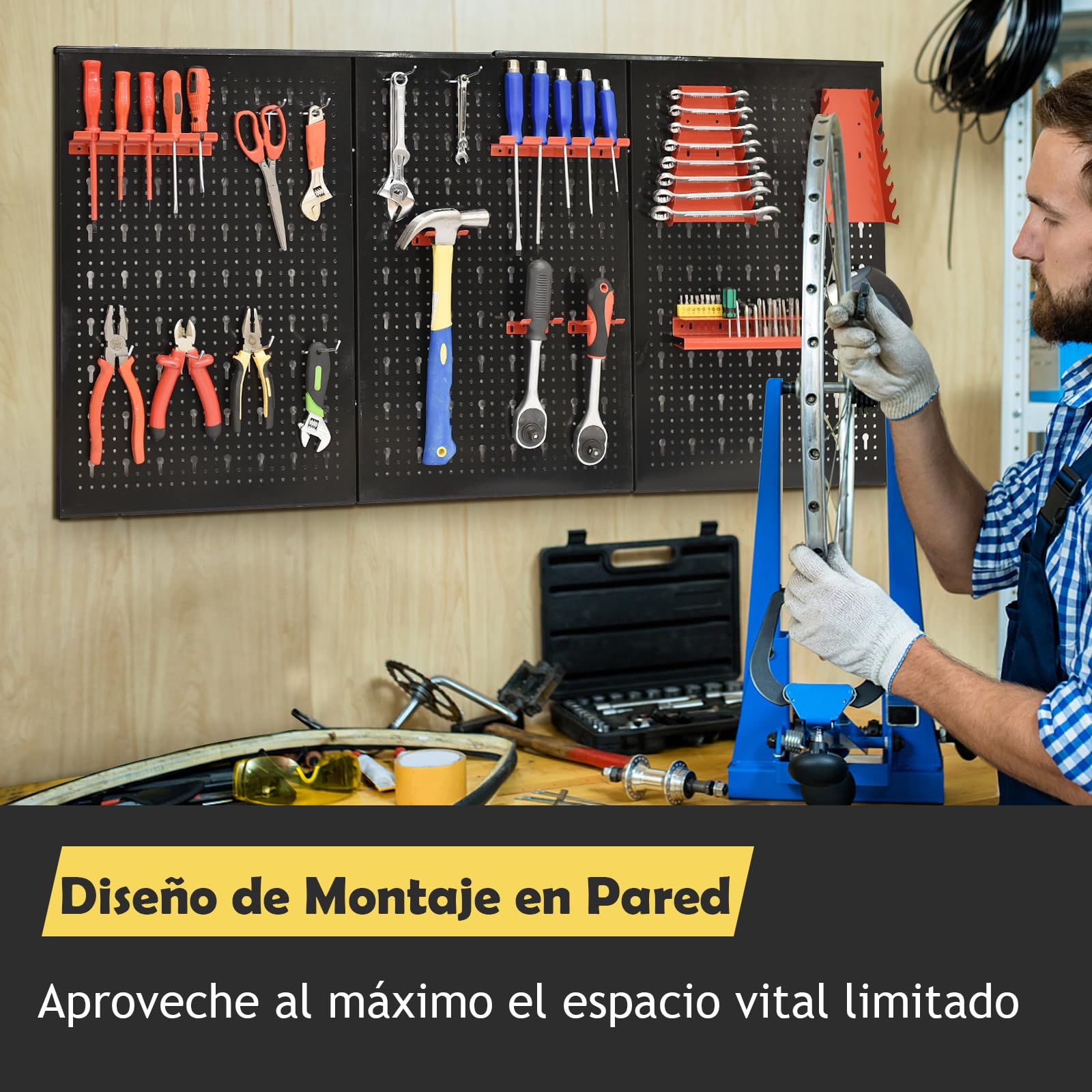 GYMAX Panel para Herramientas de 120 x 60 x 2 cm, Panel Perforado de Metal, Sistema de Almacenamiento con Ganchos y Portaherramientas, Set de Soporte para Herramientas para Taller