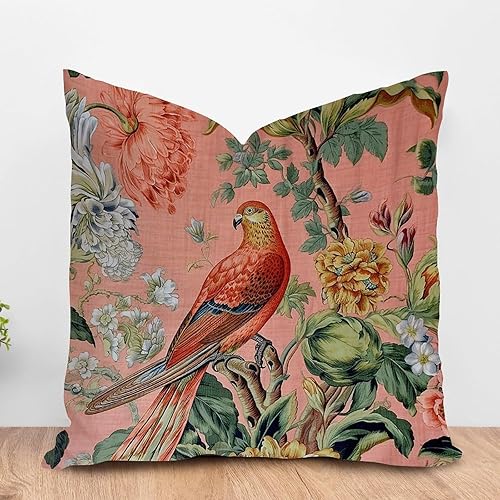 ArogGeld Fundas de cojín de flores chinoiserie, color rosa rubor, pájaro, animales de pavo real, funda de almohada cuadrada con diseño floral de