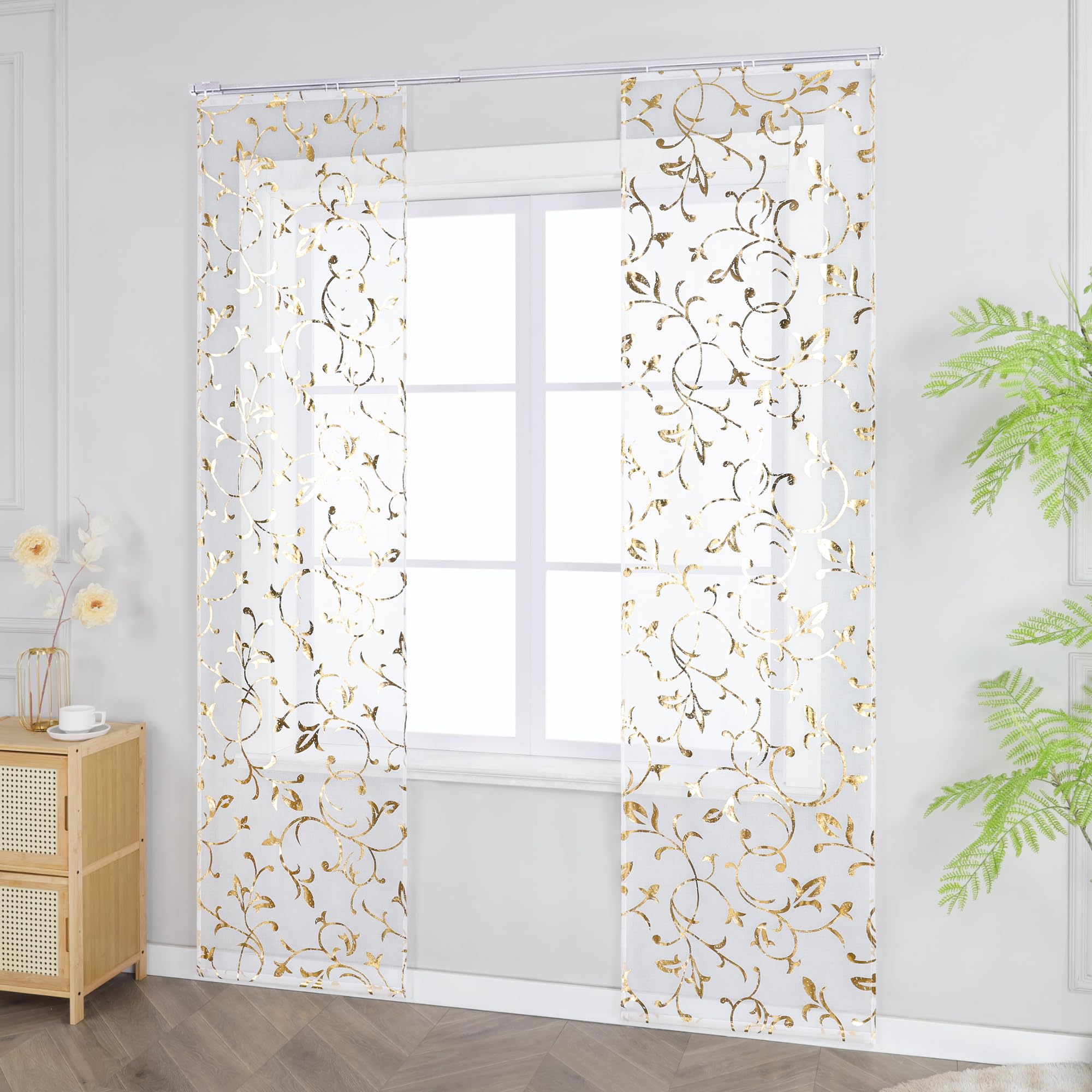 ESLIR Schiebevorhänge Set 2er Flächenvorhänge mit Klettband Schiebegardinen Transparent Gardinenschals Transparent Vorhang mit geprägtem Rankenmuster Gold BxH 57x145 cm 2 Stück