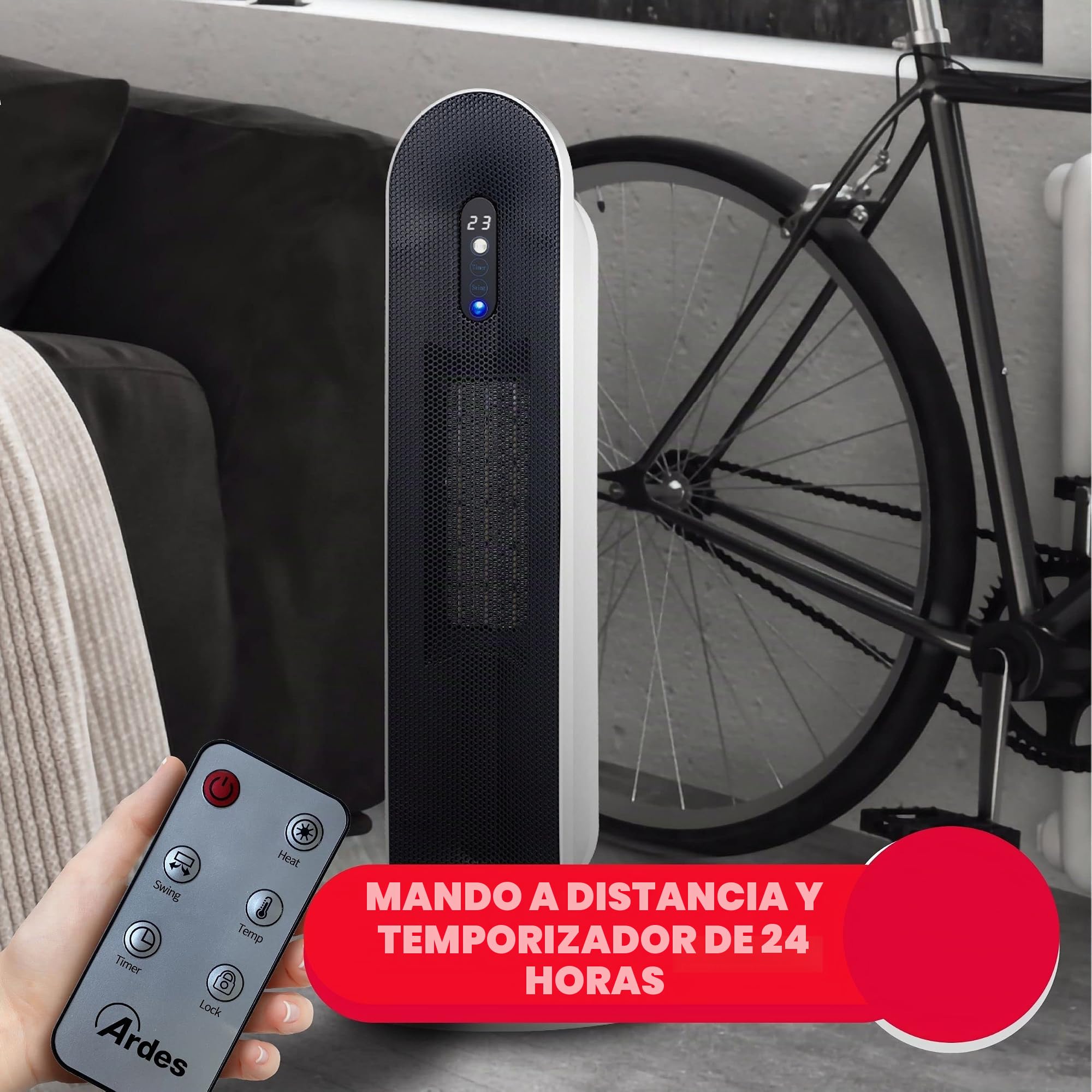 ARDES AR4P16 TATANKA Termoventilador cerámico oscilante 2000W, Termoventilador cerámico con panel de control y mando a distancia, Termoventilador silencioso oscilante Niveles Eco y confort