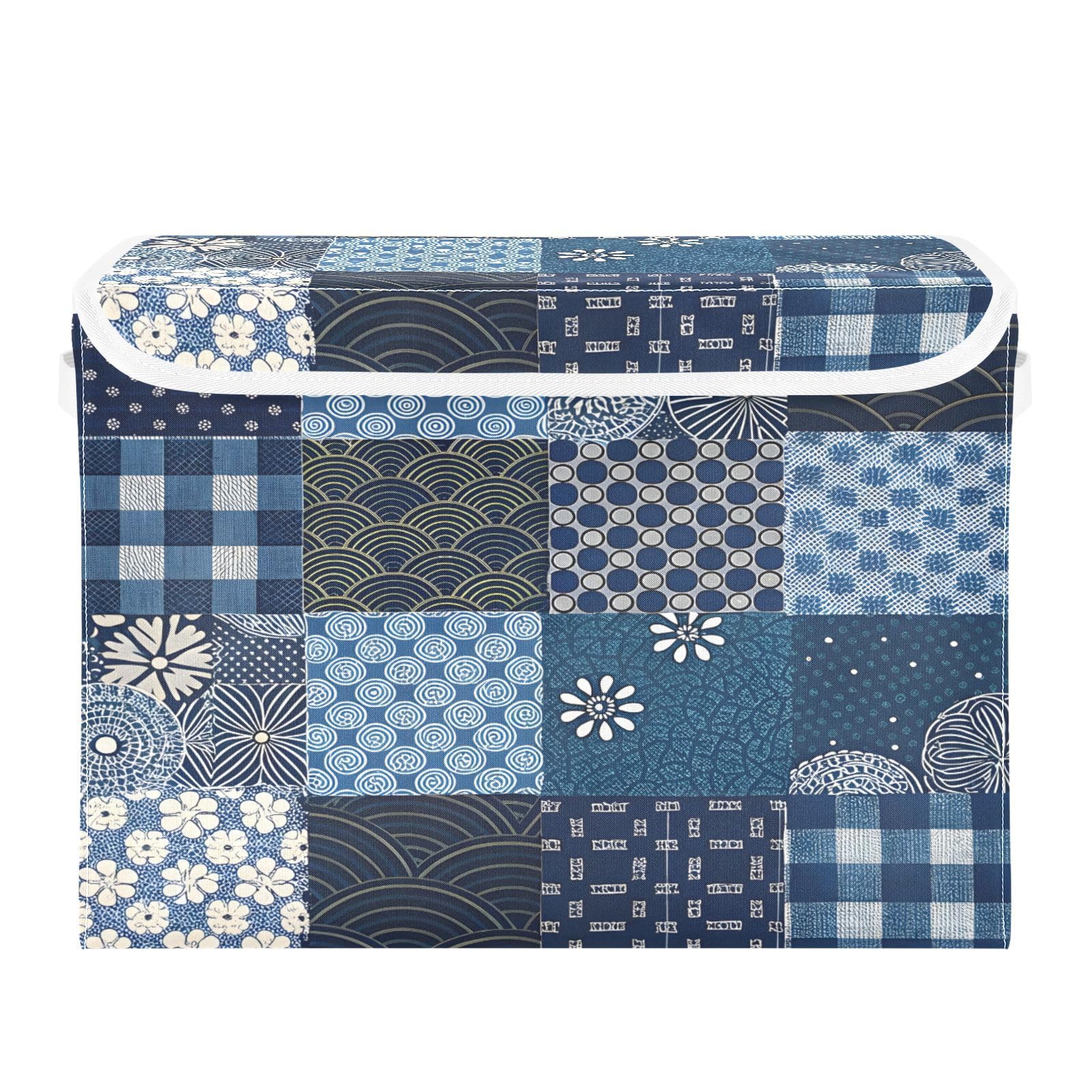Ewusp Ethnic Printing Fabric Storage Bin with Lid, Decorative Foldable Storage Basket with Handles, Stackable Closet Shelf Organiser Box for Clothes, Books, Bedroom, Living Room