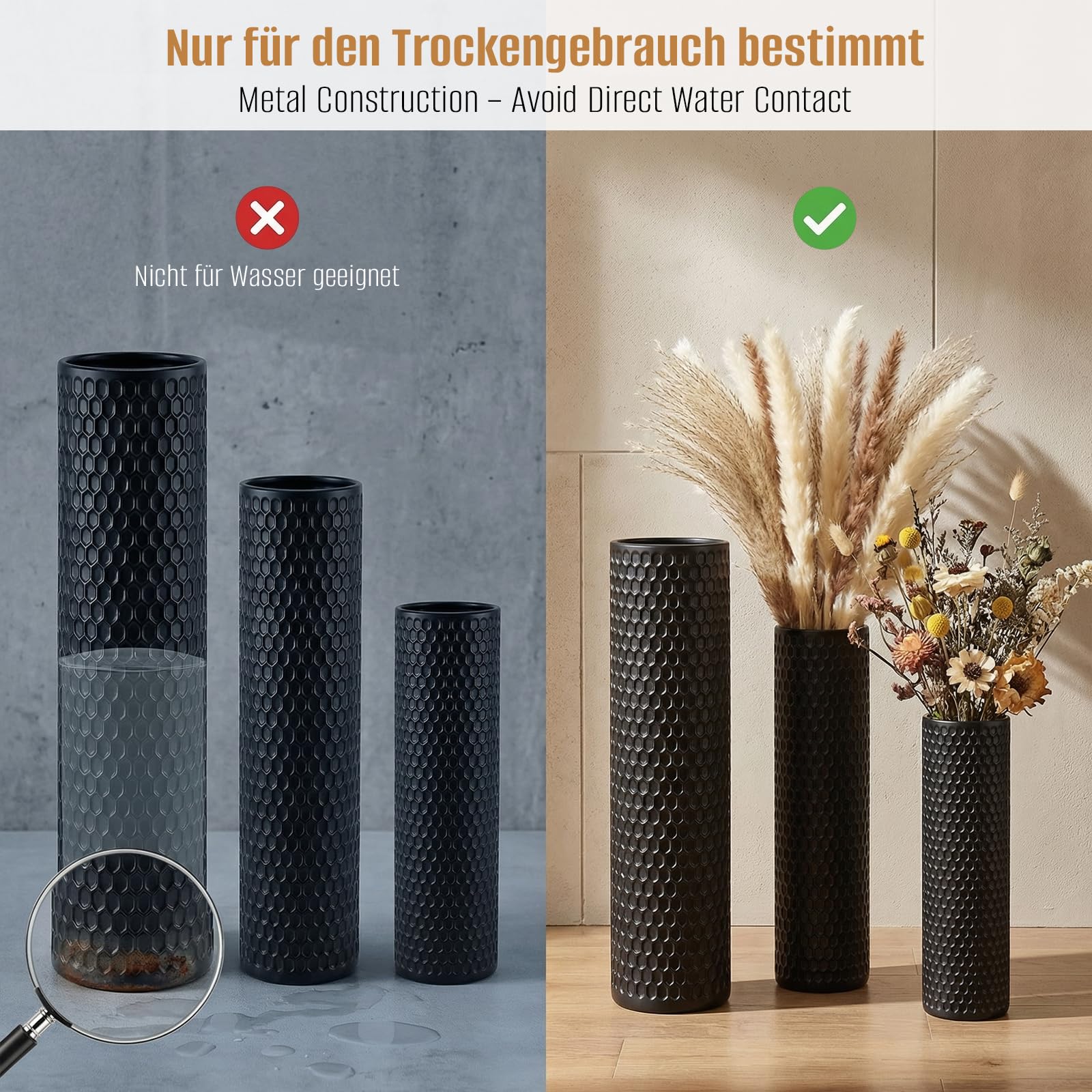 3 Stück Bodenvase, Große Schwarze Vasen, 70/55/40cm Wabenstruktur Blumenvase, Metall Grosse Vasen für Deko Wohnzimmer, Schlafzimmer, Treppenecken, Büros, Balkone, Foyers