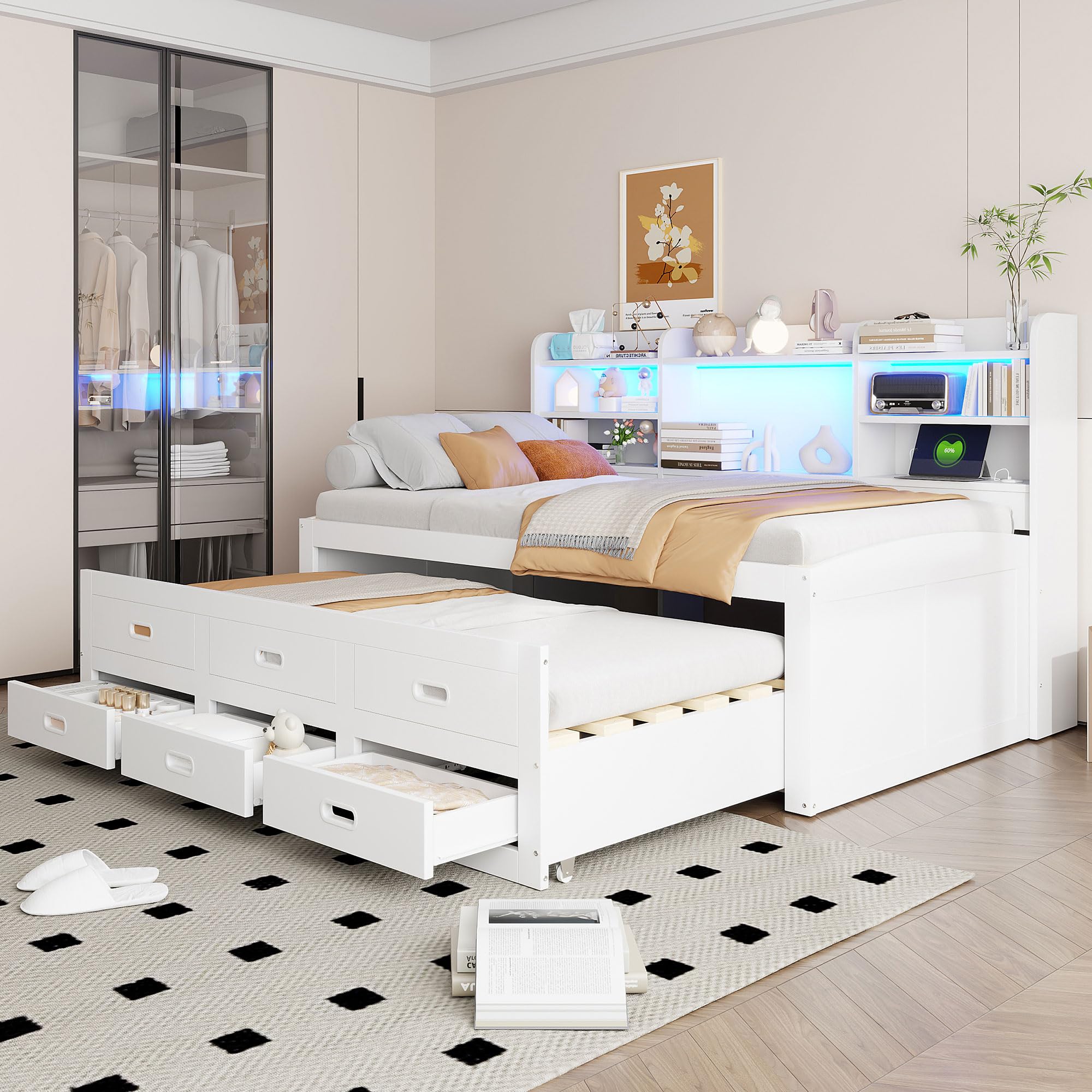 Cama de día extensible de madera, 90 x 200 cm, cama nido con 3 cajones, mesita de noche, cama con somier, sin colchón. (blanco)