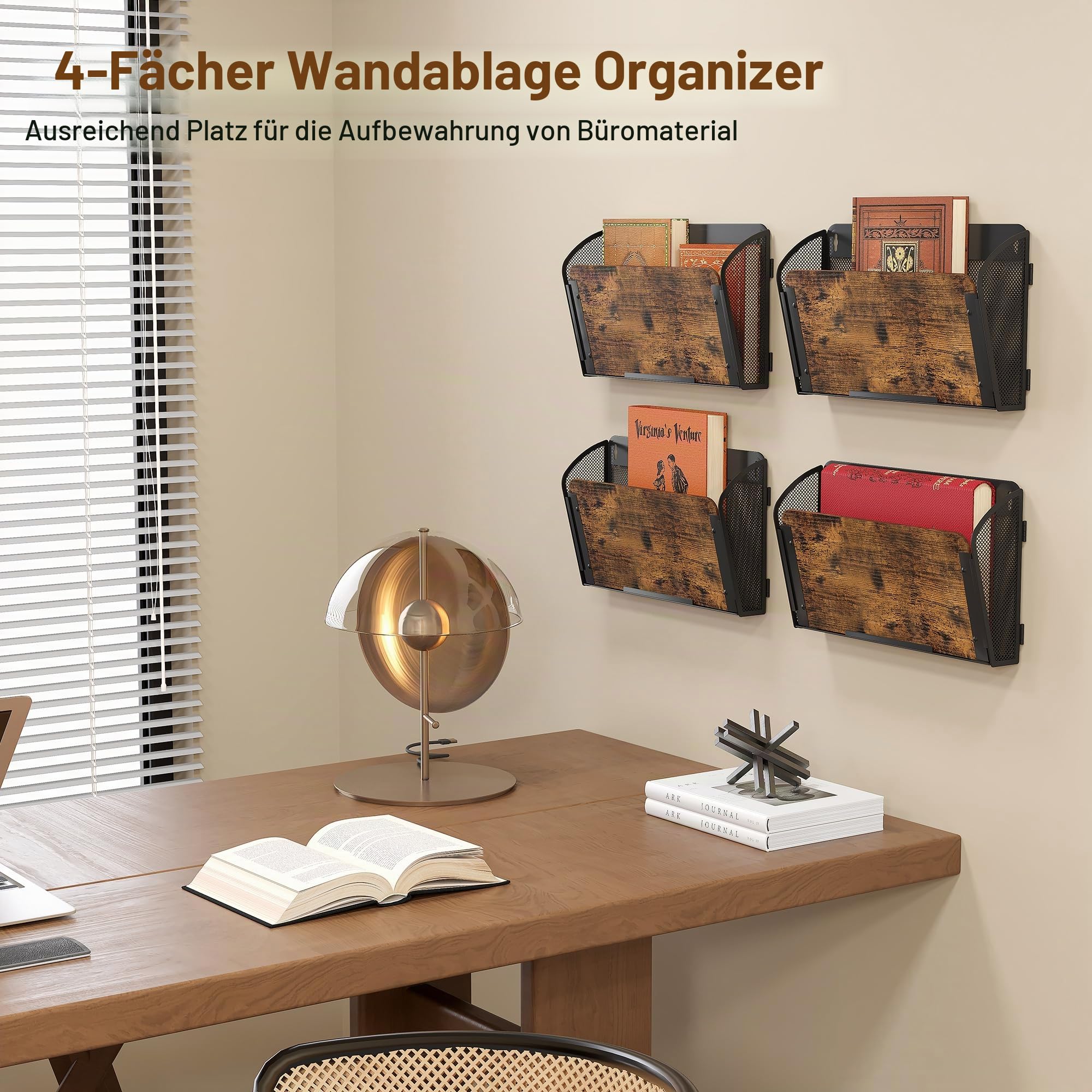 TQVAI 4 Taschen Zeitschriftenhalter Wand Metall Holz Dokumenten Organizer Papier A4 Flyerhalter Postsortierer Dokumentenablage für Büro Zuhause Schule, Schwarz/Antik