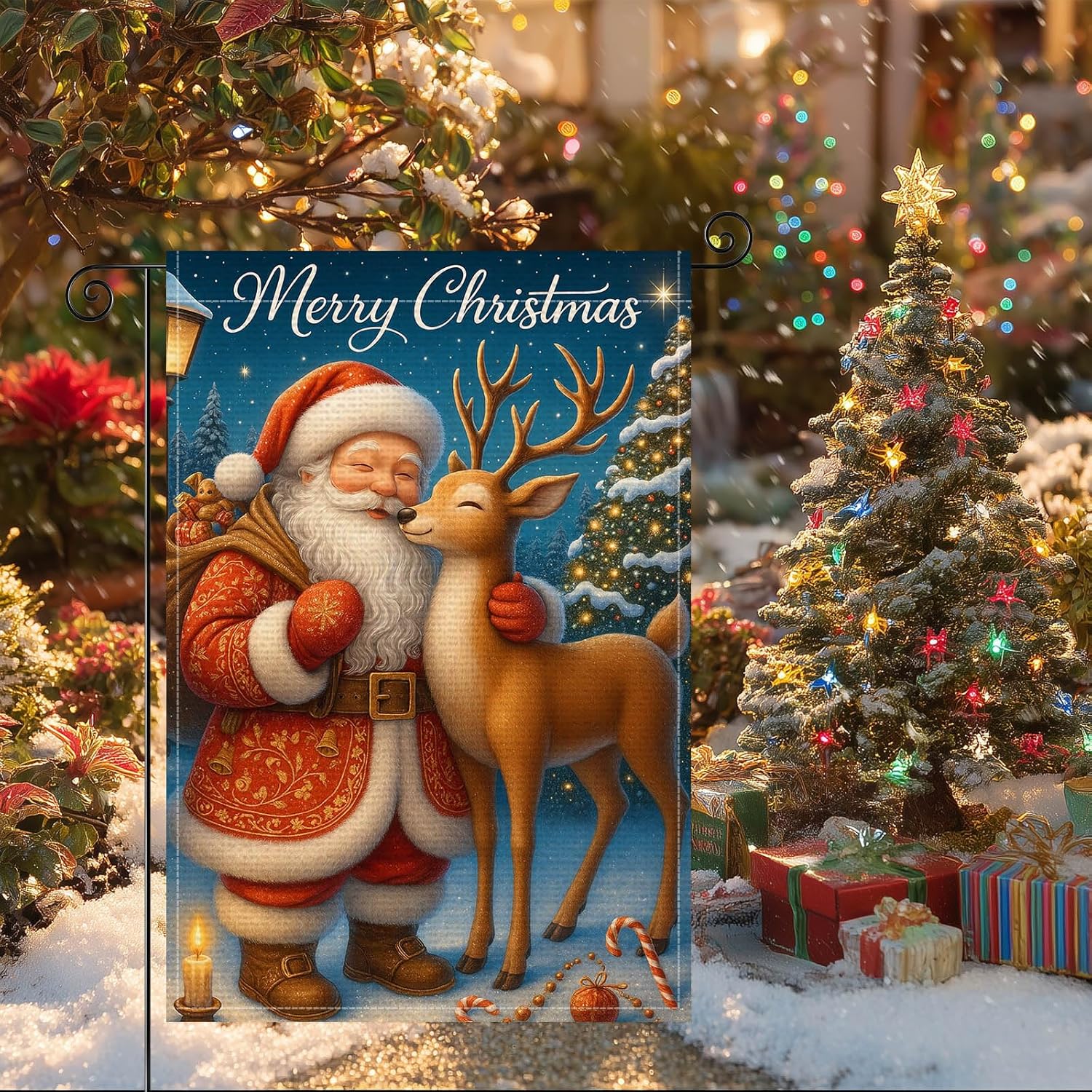 Merry Christmas Garden Flag Double Sided 12x18 Inch Burlap Holiday Garden Flag Santa and Reindeer Under Starry Sky Seasonal Banner for Indoor and Outdoor Decoration Yard Lawn Decor - Image 9