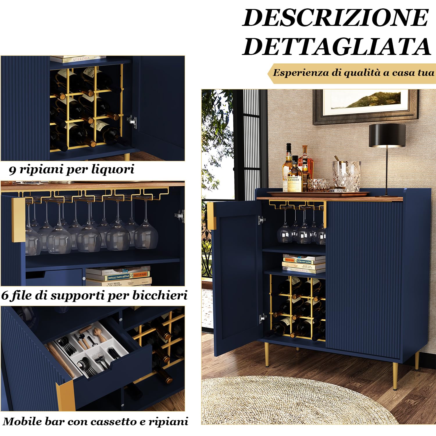 HOLTICO Credenza Moderna, Armadietto per Vino e Mobile per Caffè, Arredo Elegante Multifunzionale con Colori Esclusivi per Cucina, Sala da Pranzo e Soggiorno, Blu Scuro Elegante