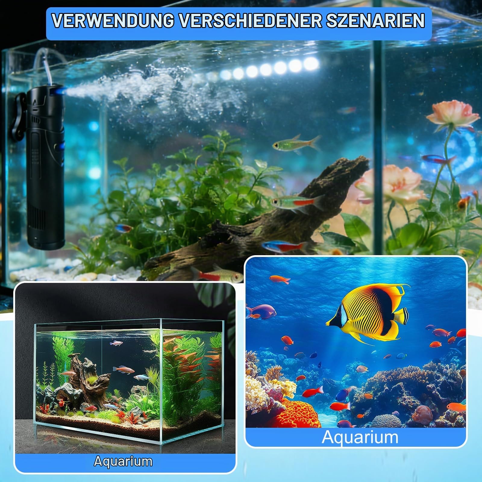 EXLECO 4 in 1 Aquarium 700L/H 20W Filter mit 9W UV Lampe UVC Klärer | Inennfilter, Aquariumfilter für Tank 150-300L, Aquarien Filterpumpe Skimmer Schwammfilter für Aquarien Filtermaterial