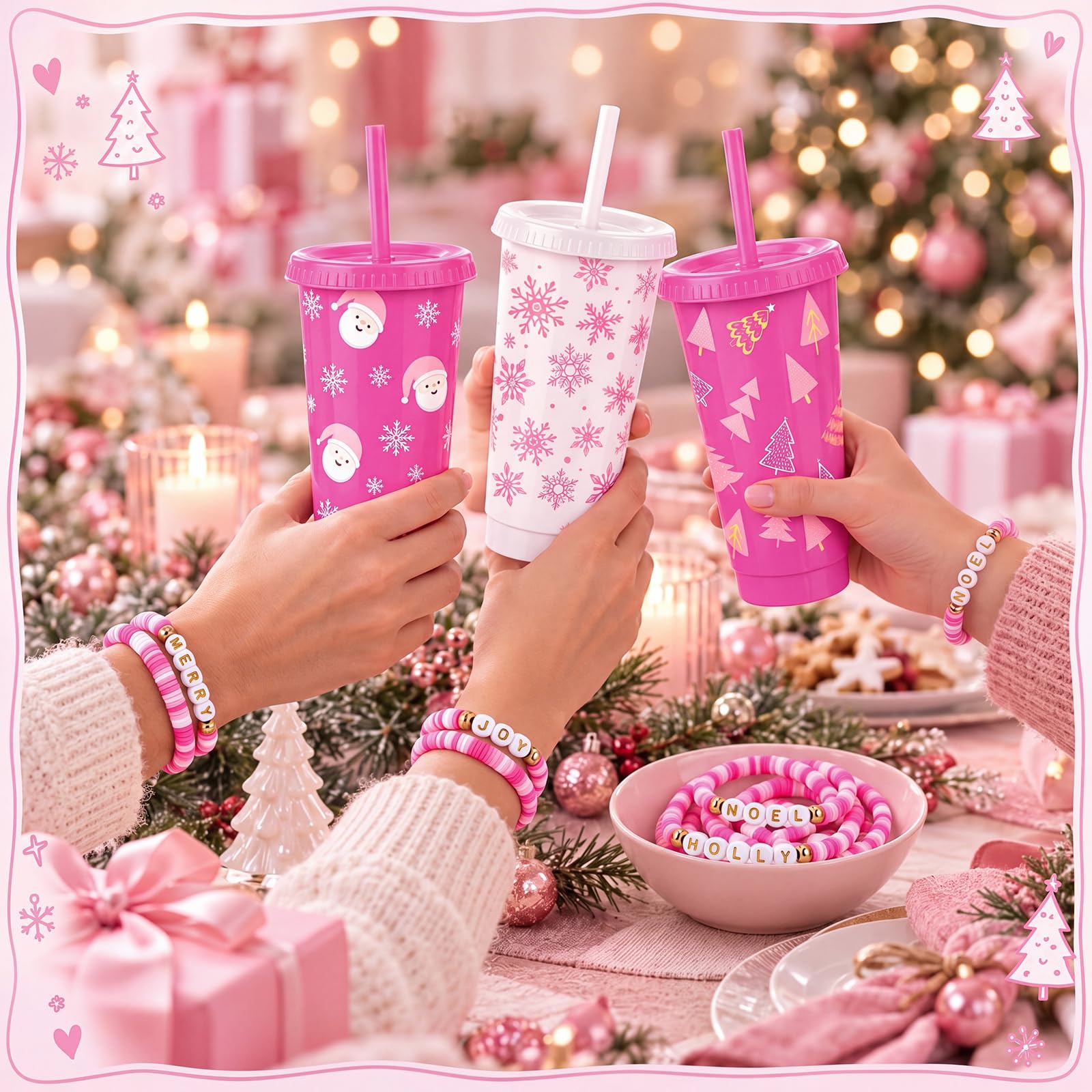 FillTouch Regalos de Navidad rosa a granel, vasos de Navidad con tapas