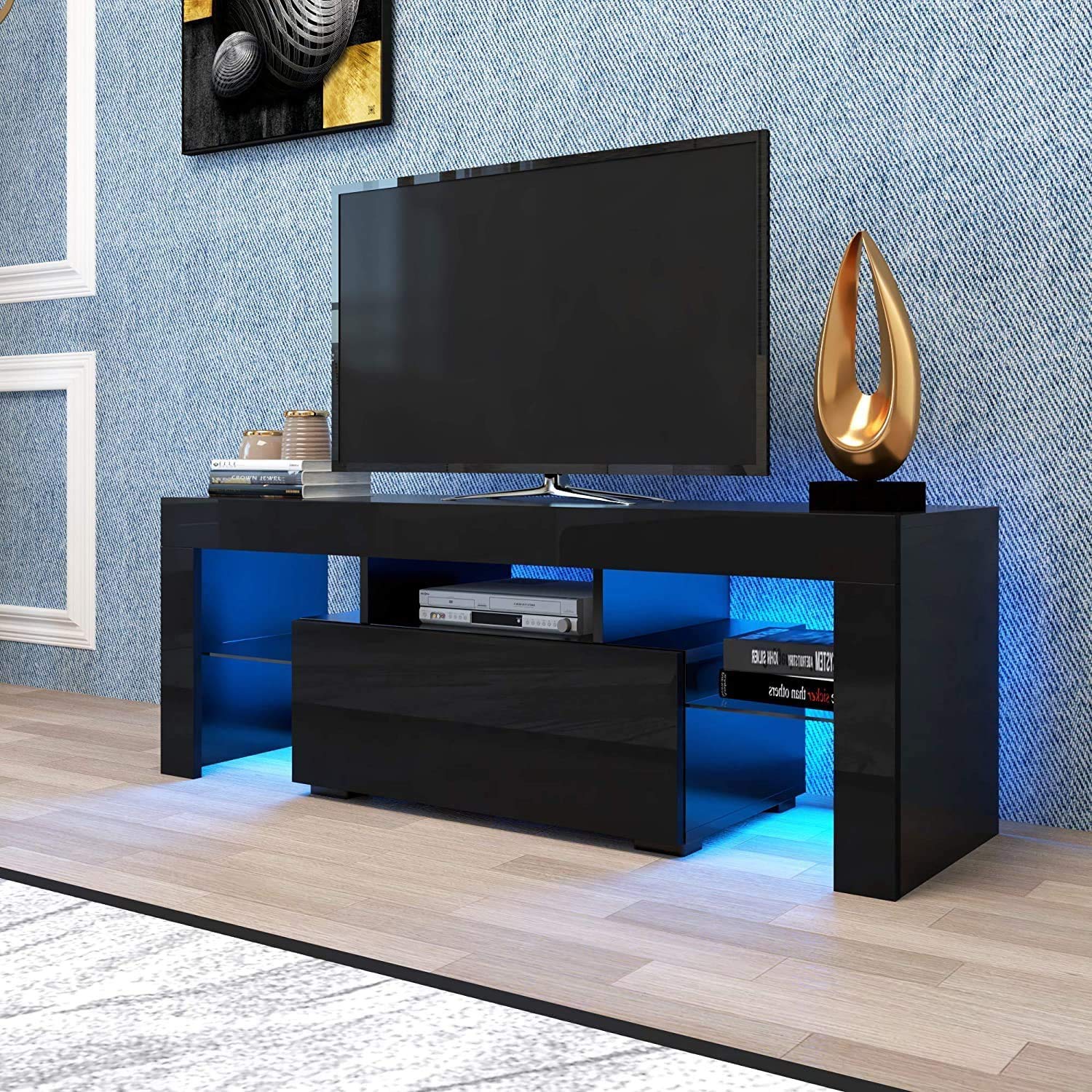 AUTSCA TV Stand for 55 inch TVs, Entertainment Center with LED Lights Blue Colored, Living Room Console Table with Storage Cabinet and Open Shelves