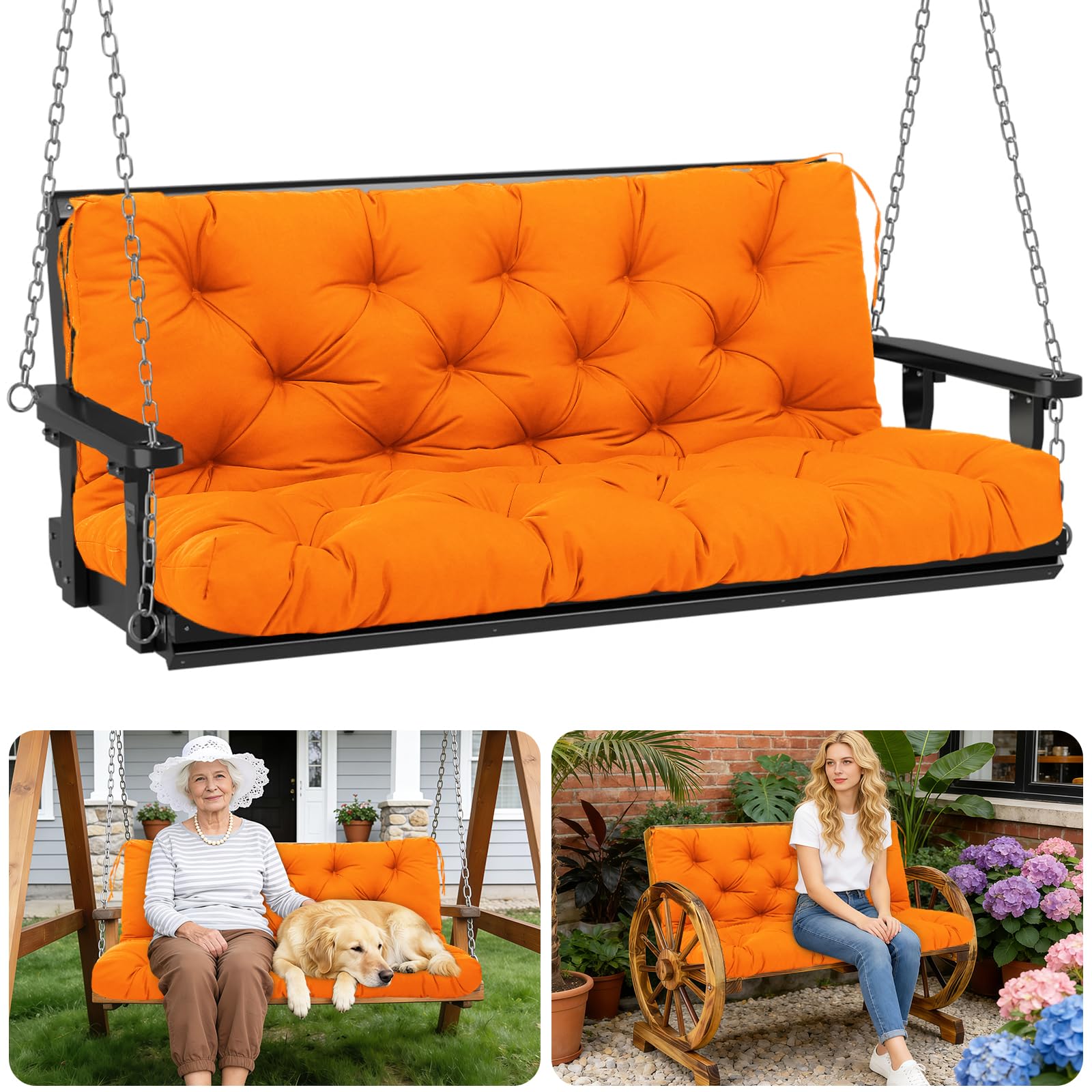 Porch Swing Cushions Outdoor 48 inch x 40 Waterproof Swing Cushions 3 Seater Replacement with Backrest &amp; 8 Ties 5" Thick Bench Swing Cushions for Outdoor Furniture Patio(Orange)