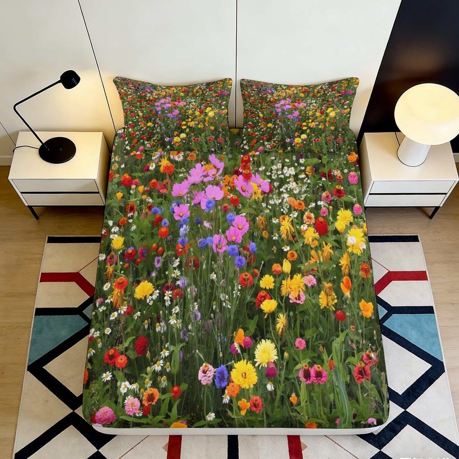 3D Printed Wildflower Meadow Fitted Sheet Microfiber Colourful Floral Bed Cover Anti-Slip Washable for Bedroom Guest Room 90x200x25cm