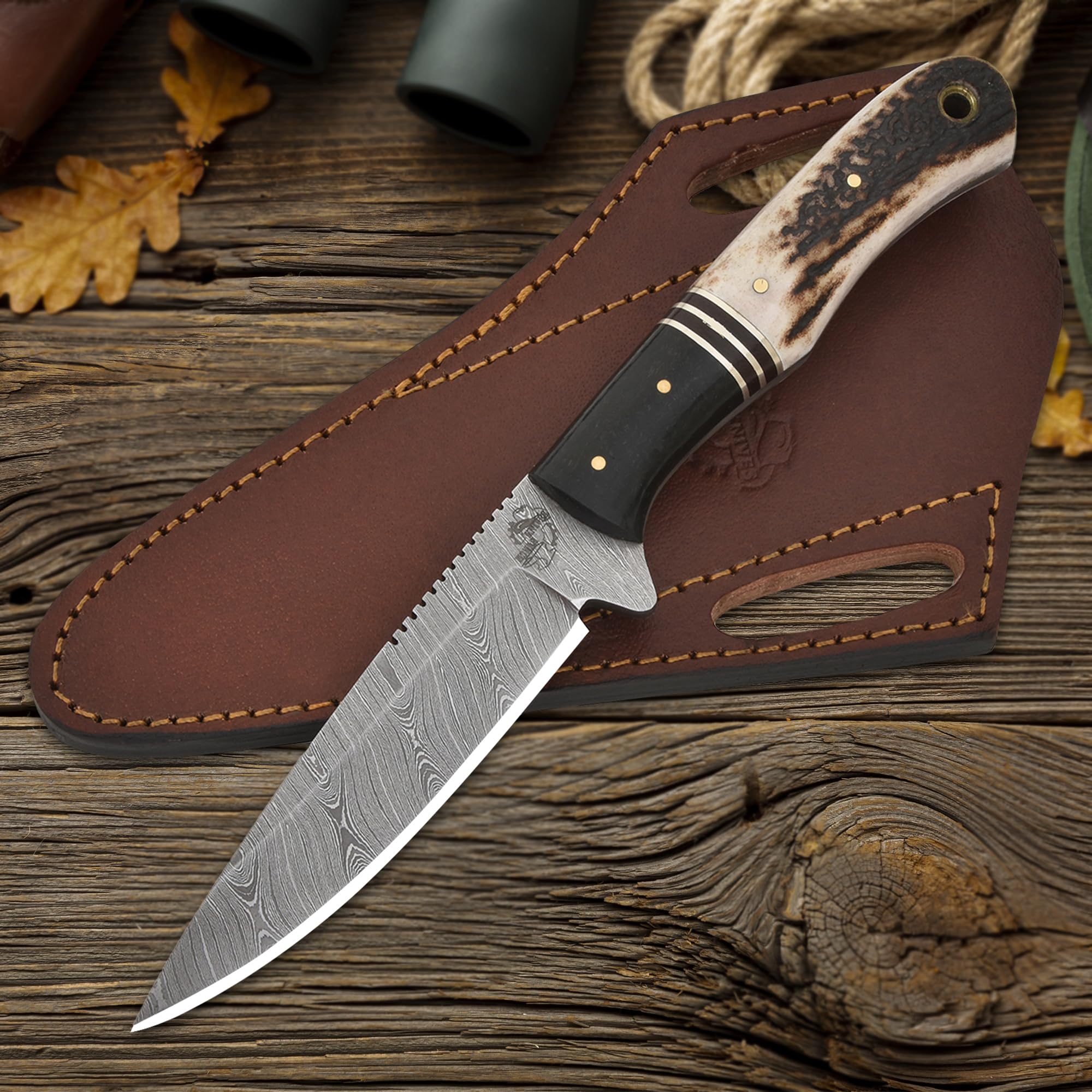 Knives Ranch Premium Hunting Knife – 8.5" Full Tang Blade – Red Stag Antler Handle, 240-Layer Carbon Steel Damascus, 45° Pancake Sheath – Camping | Bushcraft | Skinning (3172-SG)