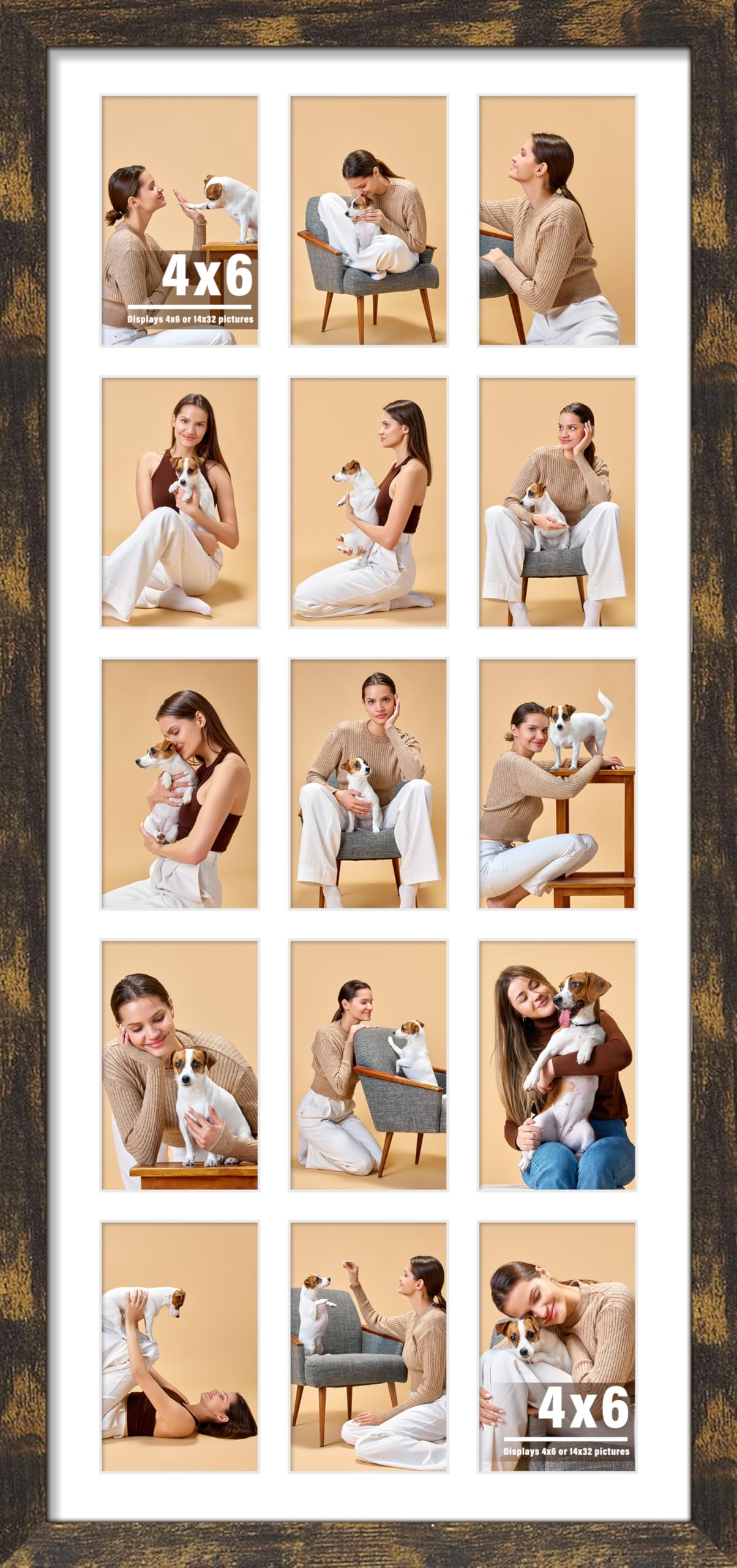 DUENPY 14x32 Picture Frame 4x6 Collage Picture Frame Displays Fifteen 4x6 inch Photos Collage Wall Decor Wall Hanging Brown