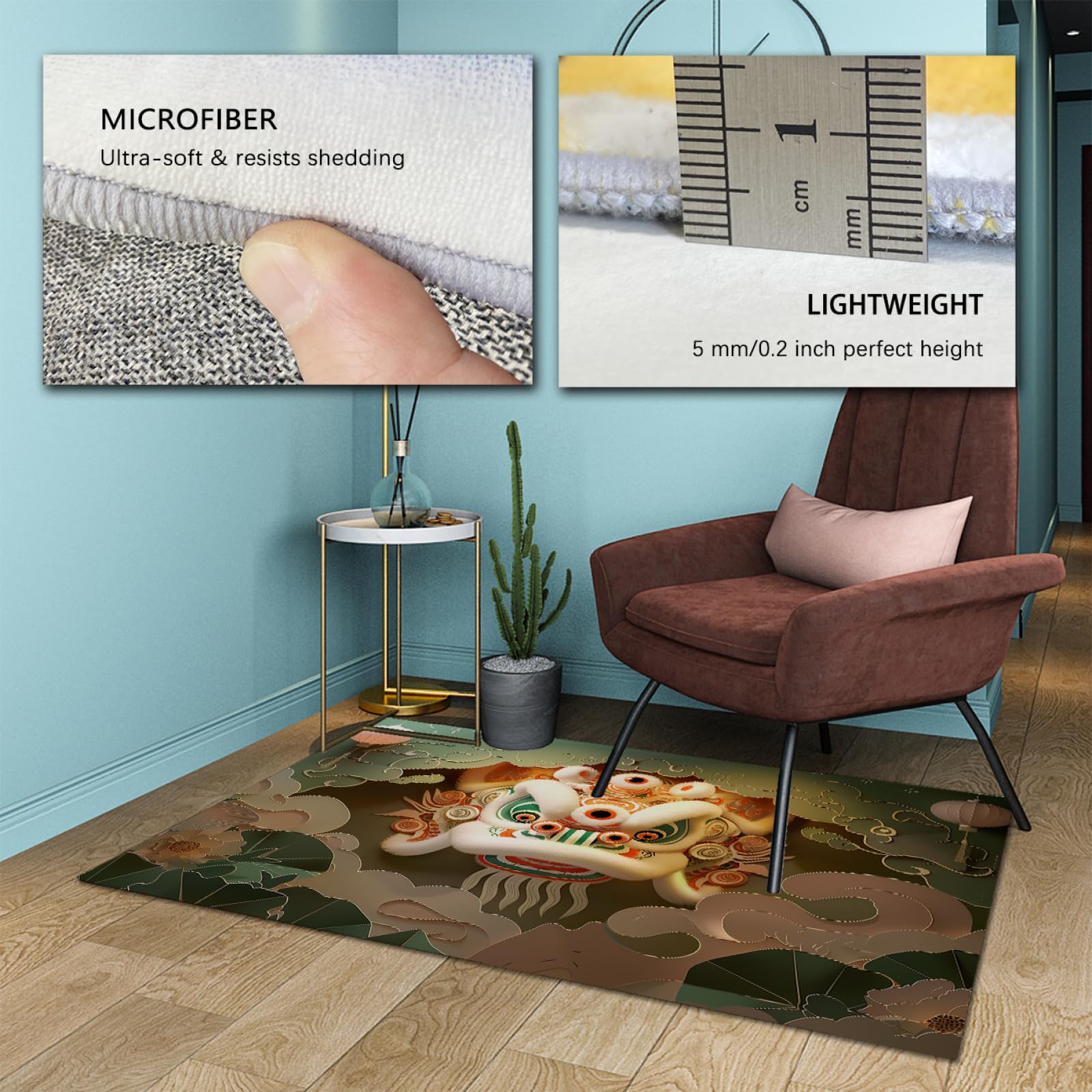 Tappeto artistico per taglio della carta 3d 180x240cm - Tappeto sottile a pelo basso antiscivolo tradizionale con modello di danza del leone carino tradizionale per lavanderia