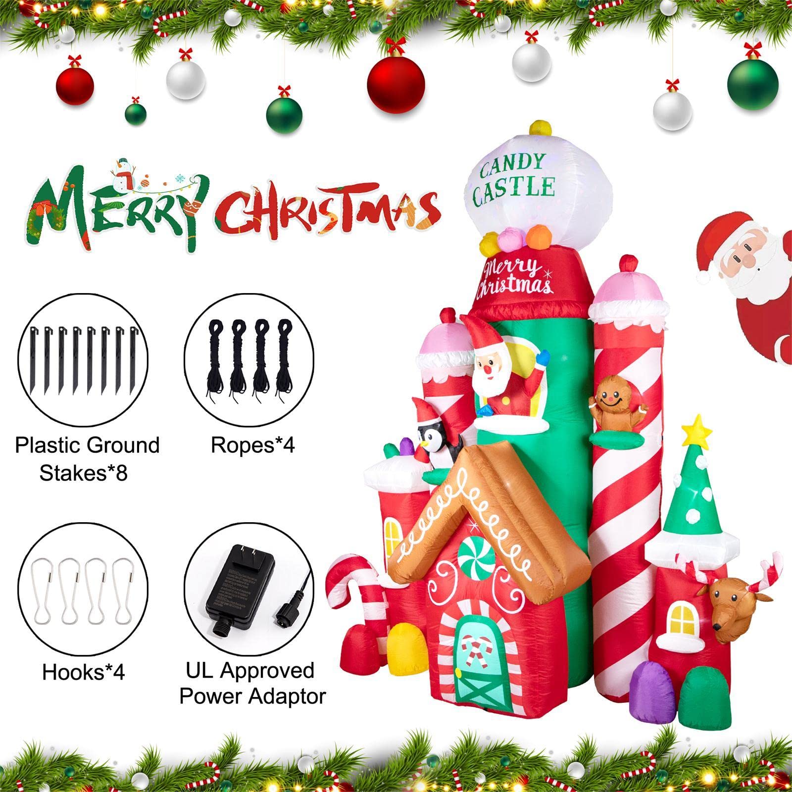 Nervure 10FT Christmas Castle Inflatable - Christmas Inflatables Castle Candy Santa Reindeer Gingerbread Penguin with Colorful LED Lights for Christmas Yard Garden Outdoor Indoor Decorations