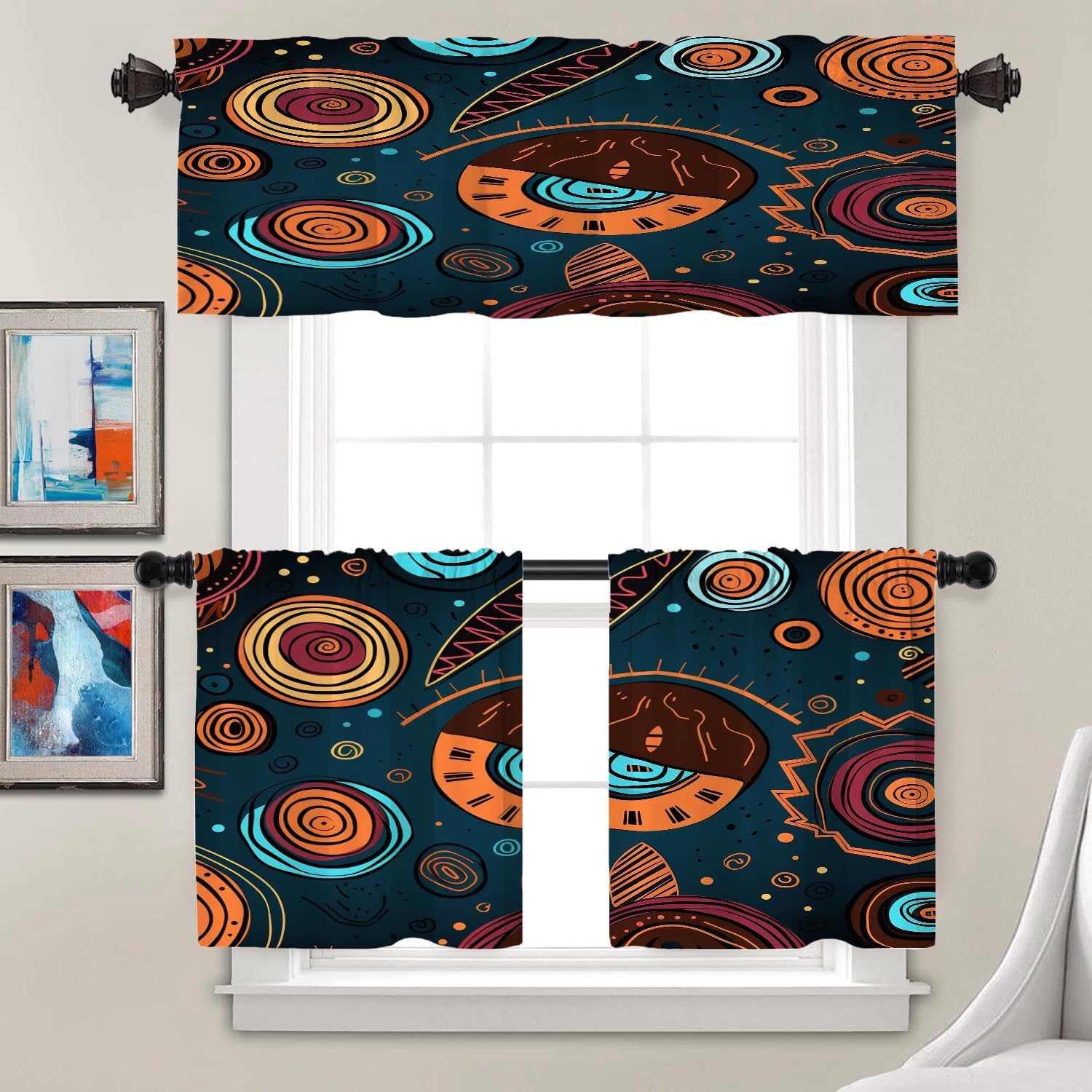 Batmerry Abstract Circles Valance Curtains, Whimsical Pattern Art Window Treatment Kitchen Valances Multilayer Polyester Blackout for Living Room/Bathroom, 2 Pack 52X18 Inches