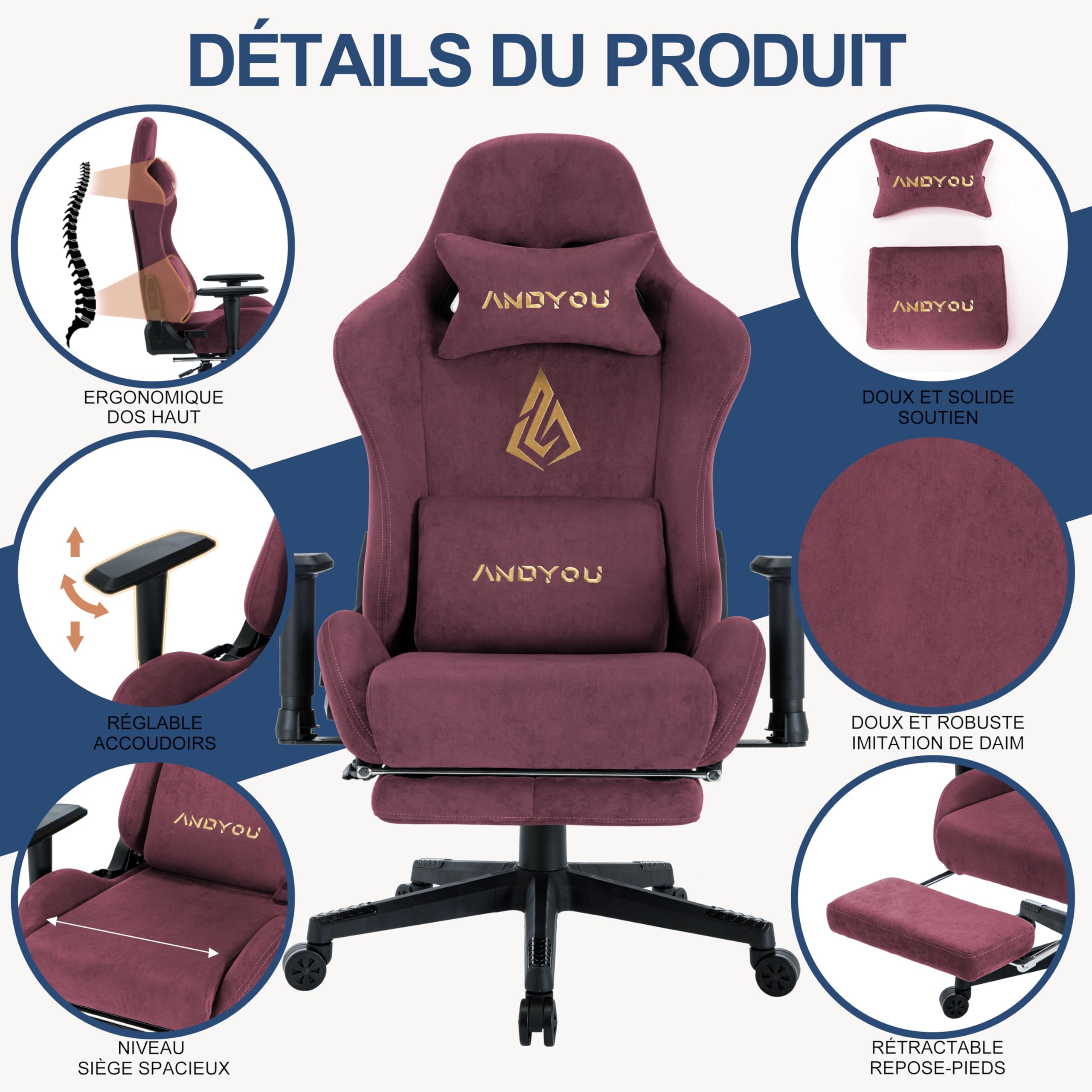 Andyou Chaise Gaming Ergonomique et Fauteuil Gamer avec Repose-Pieds Télescopique Coussin à Ressorts, Support Lombaire et Hauteur Réglable 200kg Rouge