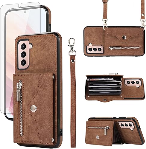 Asuwish Funda para teléfono Samsung Galaxy S21 5G de 6.2 pulgadas, funda tipo cartera con correa cruzada para la muñeca, cordón, soporte para