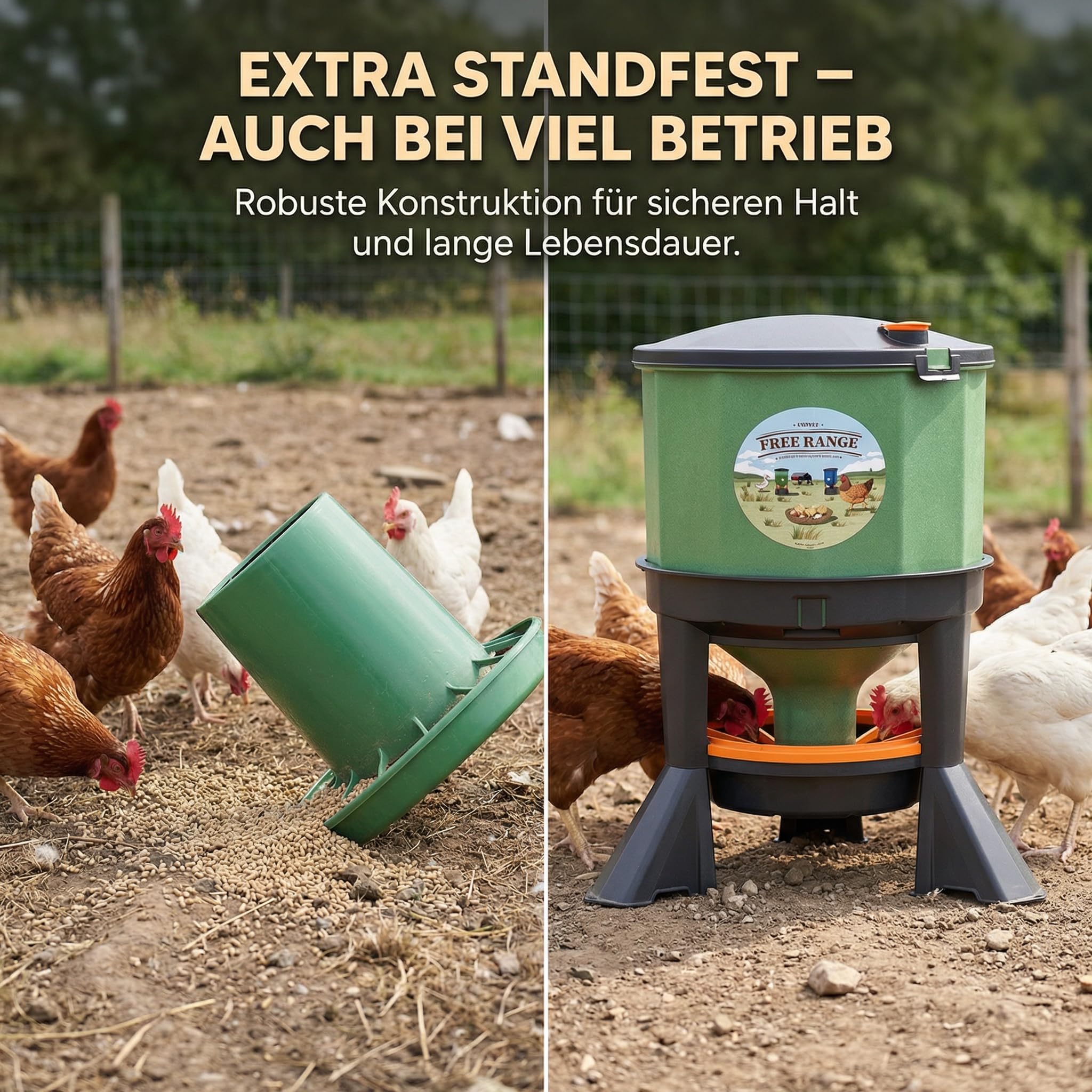 Futterautomat 35 L Hühner Geflügel Futterspender – Futter-Spargitter | UV-beständig, BPA-frei, leicht zu befüllen & zu reinigen, hohe Standfestigkeit, Klappdeckel mit Sicherheitsverschluss