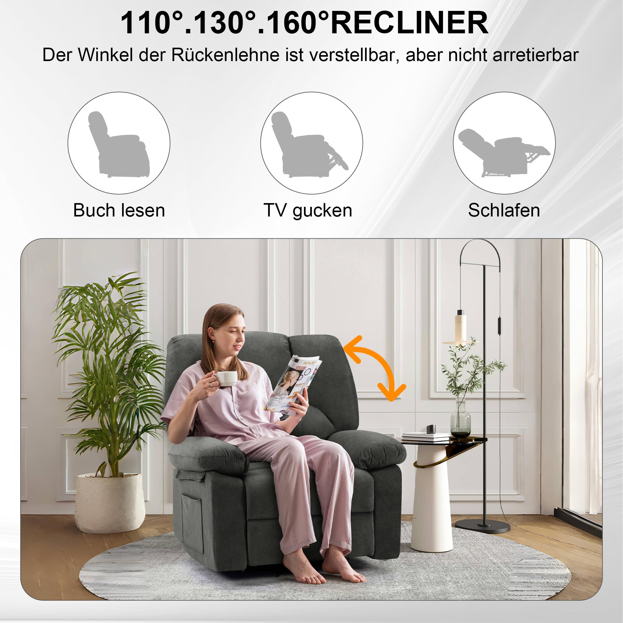Relaxsessel mit Liegefunktion, TV-Sessel mit Seitengriff, 150 kg (Dunkelgrau)