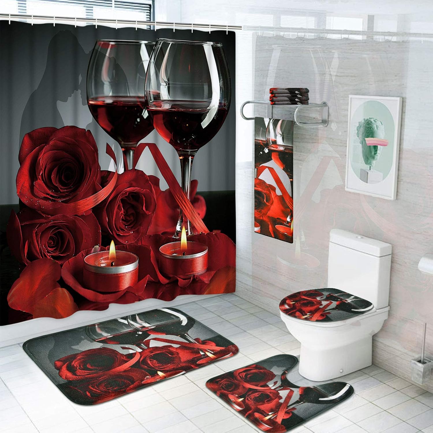 7 Piece Valentines Shower Curtain Sets with Rugs and Towels