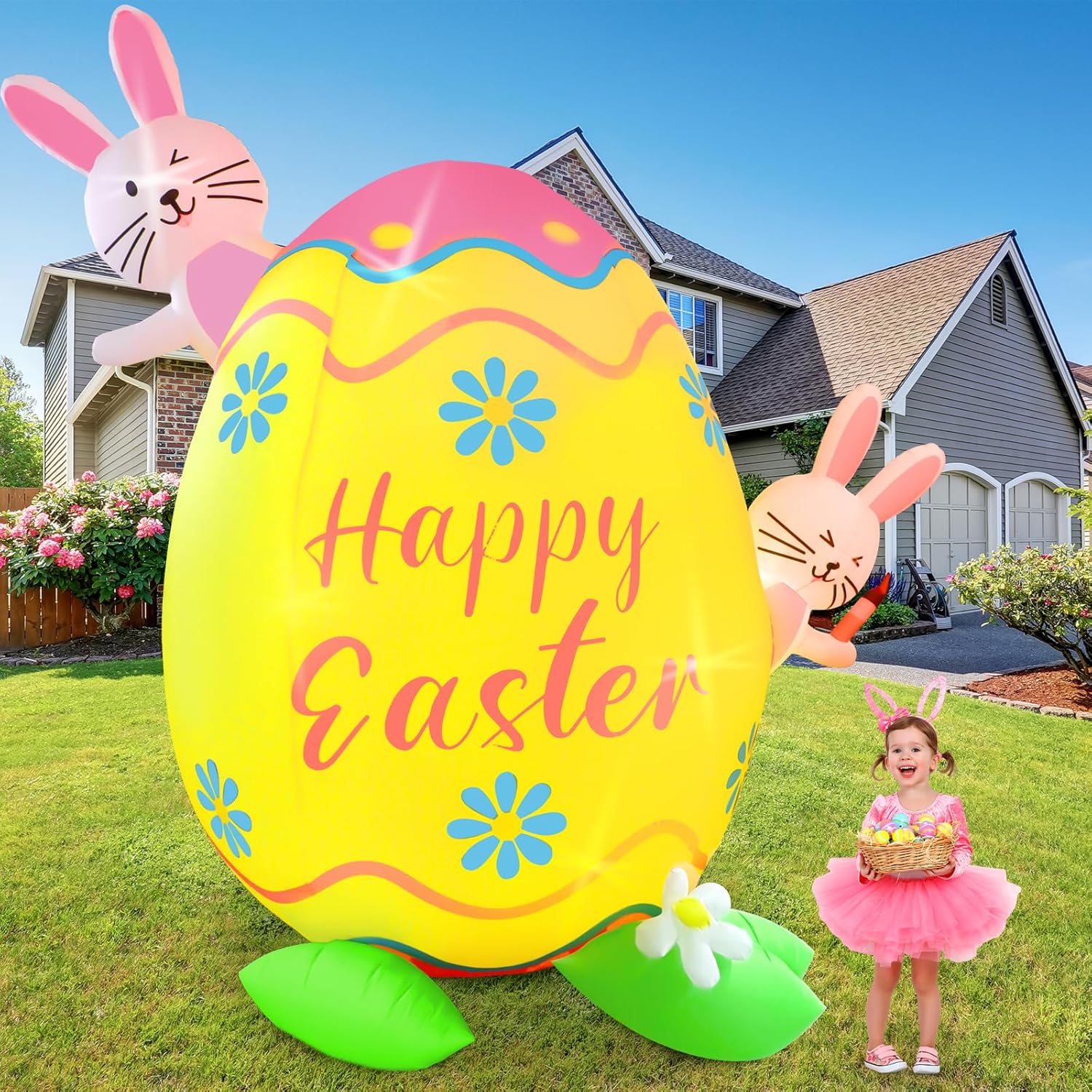 Ceenna 12 ft Giant Lighted Inflatable Happy Easter Decorations Blow up Bunny Egg with Build-in LED Cute Easter Rabbit Inflatables Pre-lit Yard Lawn Garden Decor for Holiday Indoor Home Outdoor Party