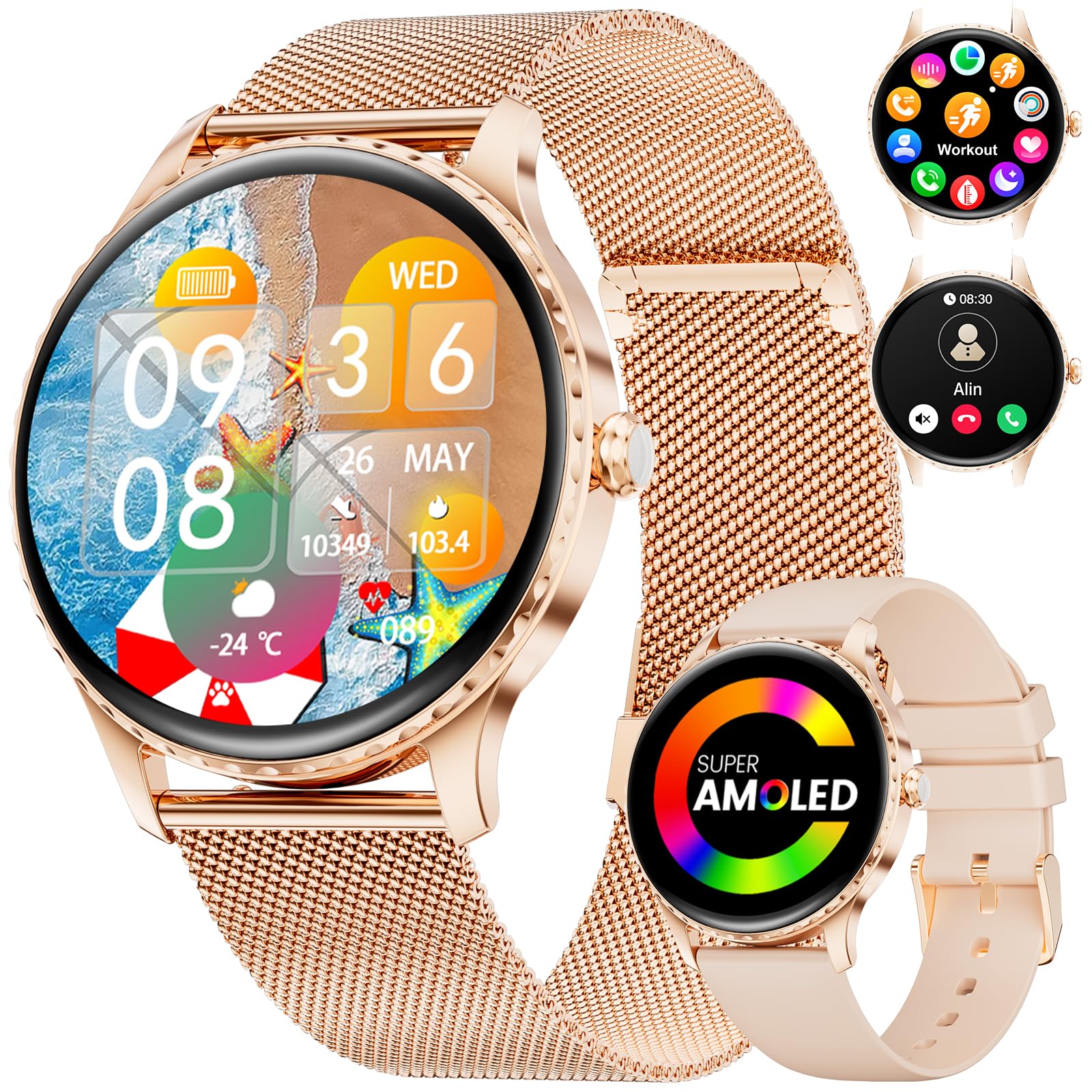 LIGE Montre Connectée Femme 1.32" AMOLED avec Appel Bluetooth, Smartwatch IP68 avec Fonction Féminine/Sommeil/Cycle menstruel/120+ Modes Sport/Fréquence Cardiaque/Podomètre Calories pour Android iOS
