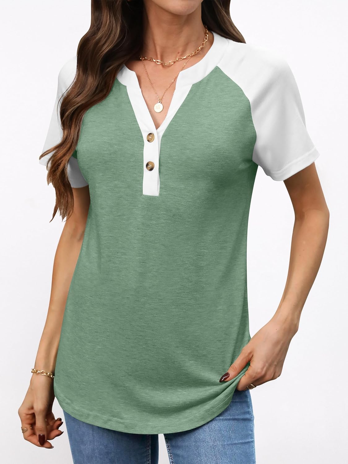 ANRABESS Womens Tops Short Sleeve Henley Shirts Summer V Neck Color Block Tunic T Shirts Casual Blouses Work Trendy Clothes - Image 3