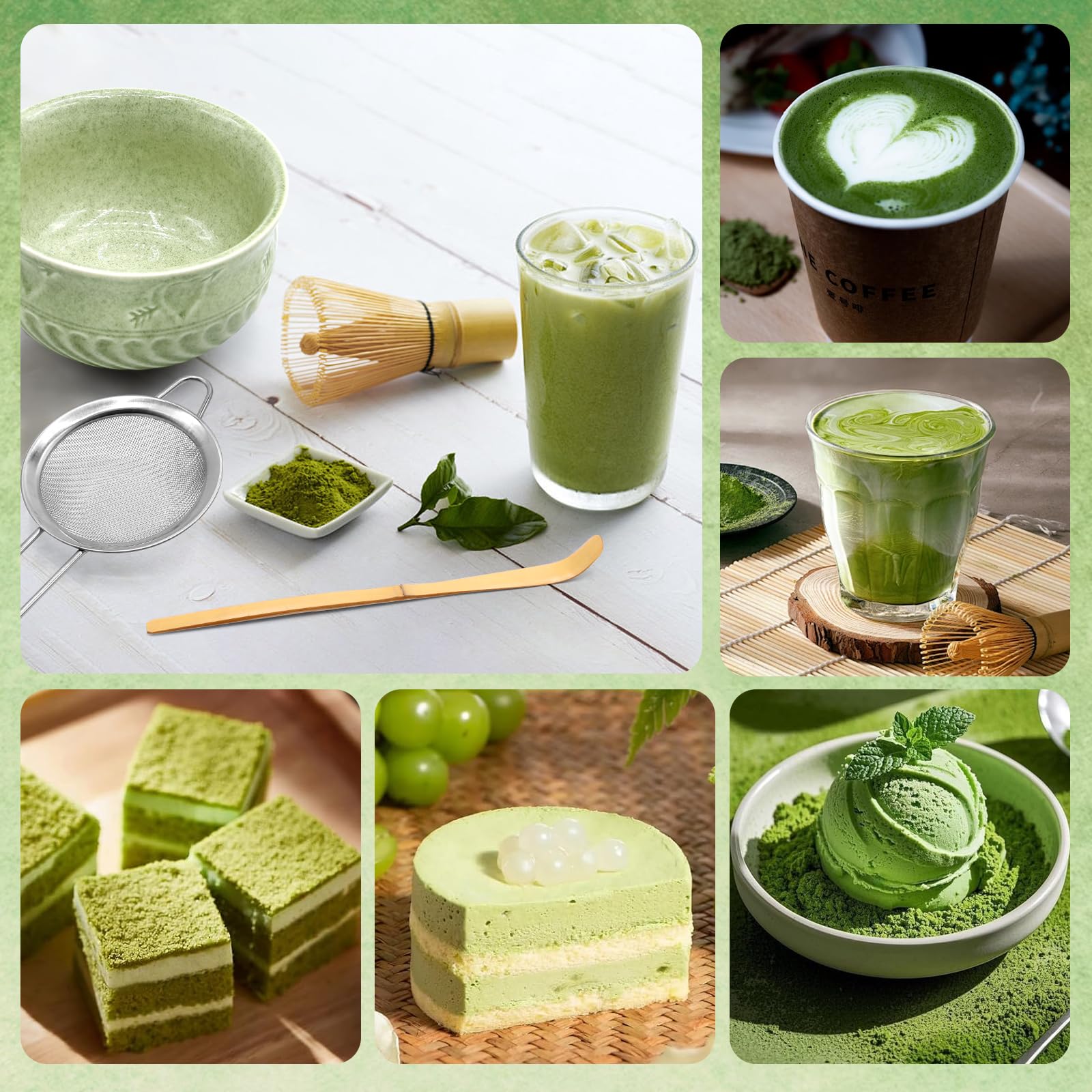 5 piezas Matcha set, Juego de té Japonés Premium, Matcha Kit con Batidor Te Matcha Cuchara Te Matcha Soporte de Batidor de Cerámica, para Amantes del té(Color matcha)
