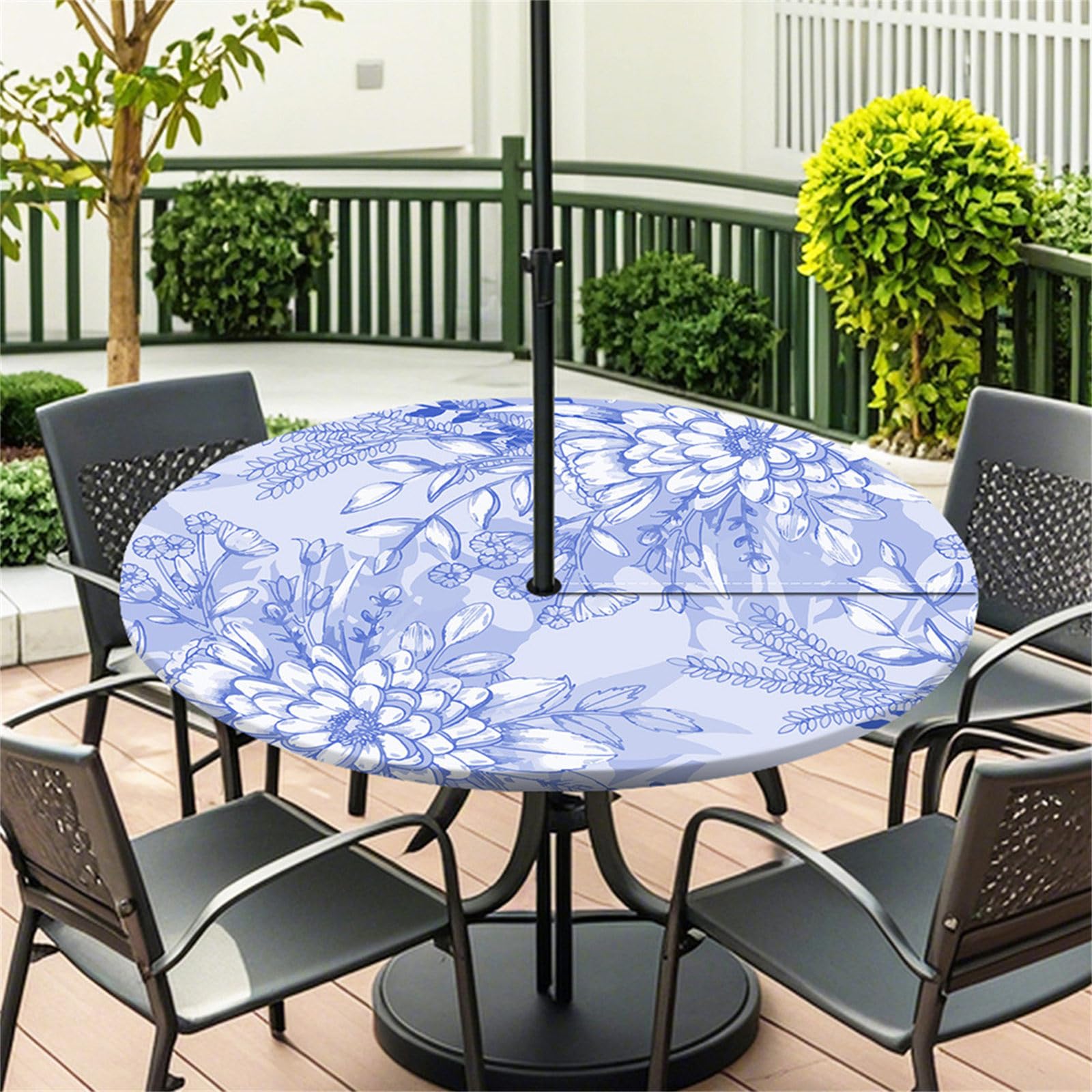 Fasbuy Outdoor Round Tablecloth with Parasol Hole and Zipper, Wipeable Table Cloth Waterproof, Vintage flower printing Tablecloths Elastic Edge for Patio Garden (Lotus,S)