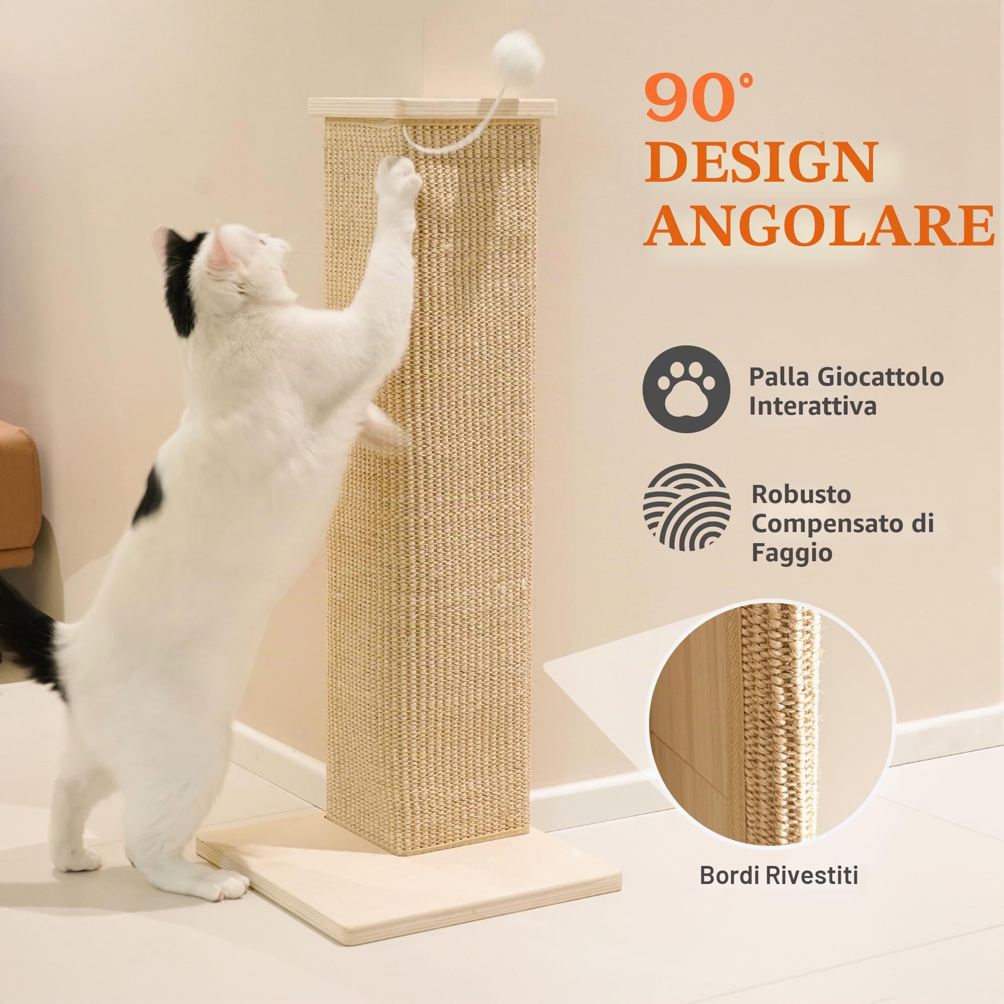 PETKARAY Tiragraffi angolare per gatti, altezza 71 cm, in sisal, per divano e parete, tappetino antigraffio in sisal, protezione per mobili con palla da gioco, misura grande