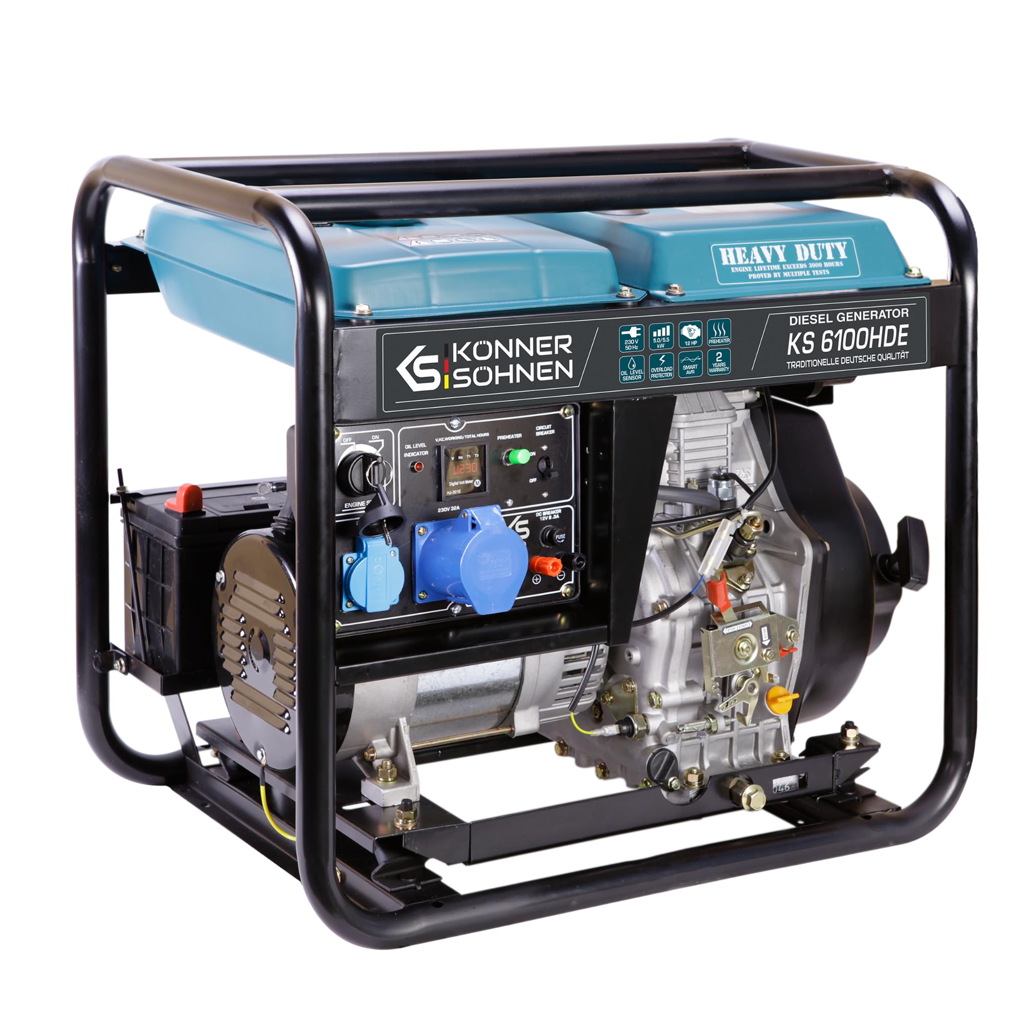 Könner & Sönen KS 6100HDE generator prądu, 12 KM 4-suwowy silnik diesla, miedź, E-start, podgrzewacz wstępny, automatyczny regulator napięcia, wyświetlacz, 5500 W, generator do użytku prywatnego i