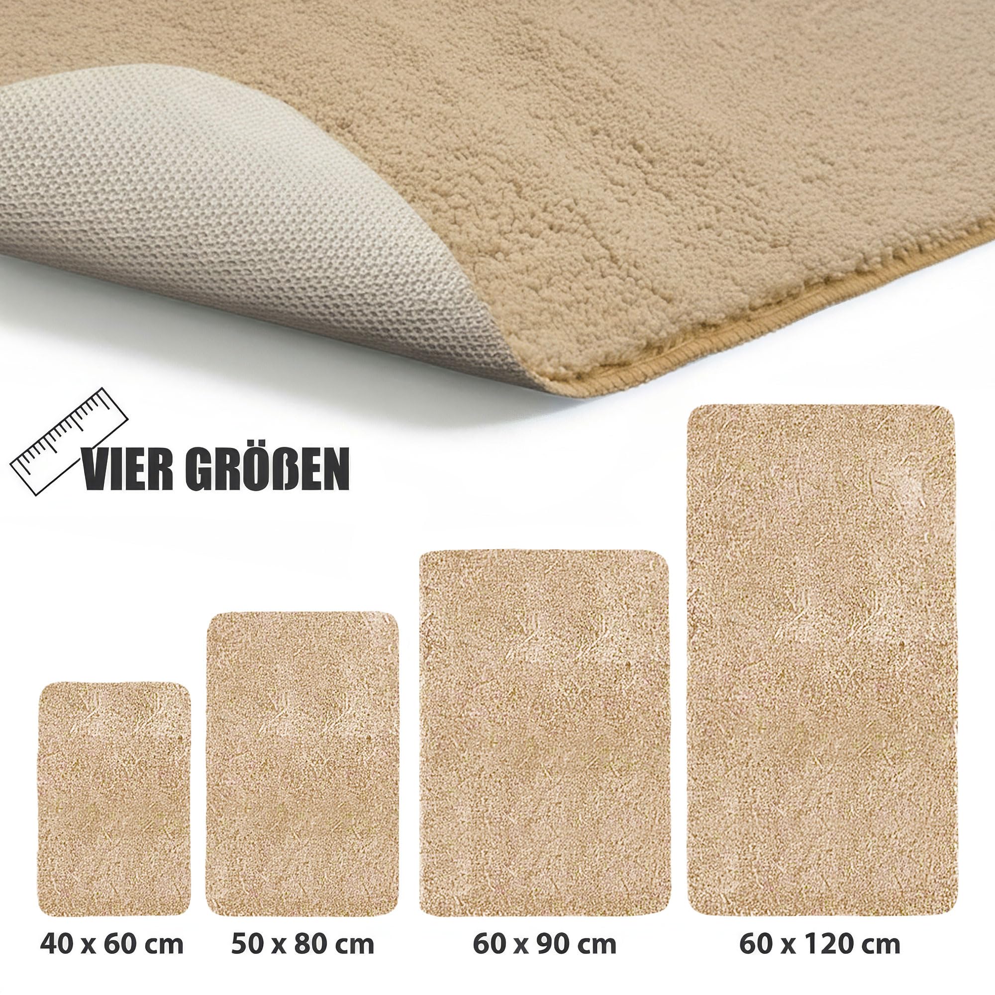 HELLSER Badezimmerteppich MIRA | Badematte rutschfest & Waschbar | Weicher Mikrofaser Badteppich | Saugfähig & Schnelltrocknend | Oeko-TEX Badvorleger für Fußbodenheizung | Beige | 60x120 cm
