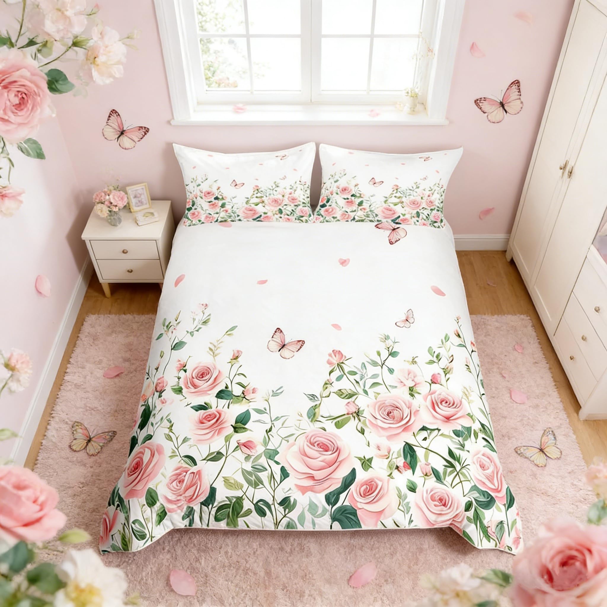 Homemissing Pink Rose Duvet Cover Set King Size For Kids Boys Girls Girl Butterfly Floral Bedding Set Blossom Flowers Pattern Duvet Cover with 2 Pillowcases Garden Flower Bedding โ image 1