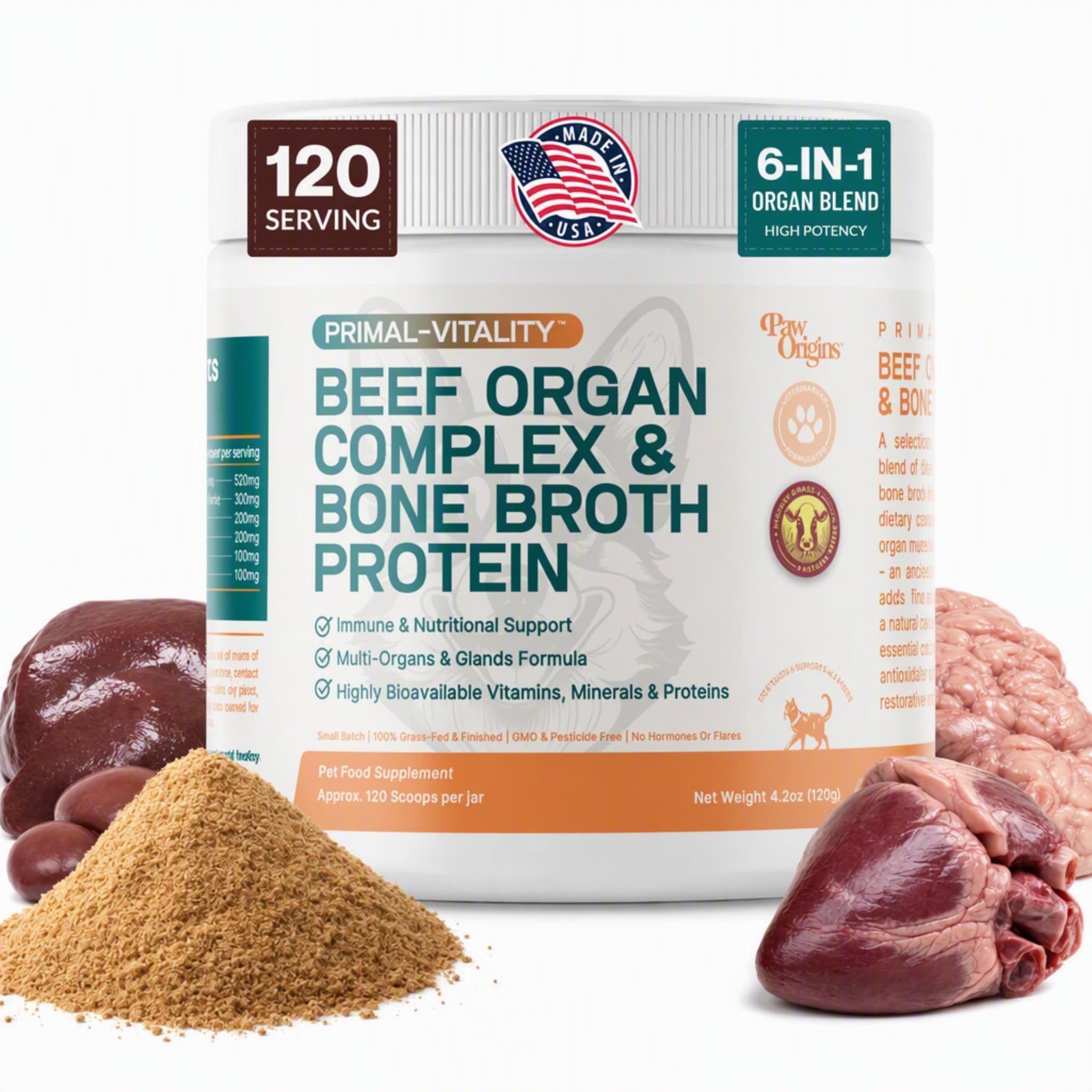 Paw Origins Primal-Vitality™ Beef Organ Complex & Bone Broth Powder for Dogs | High-Potency Grass-Fed Formula | 6 Organs | Natural Food Topper, 120 Servings