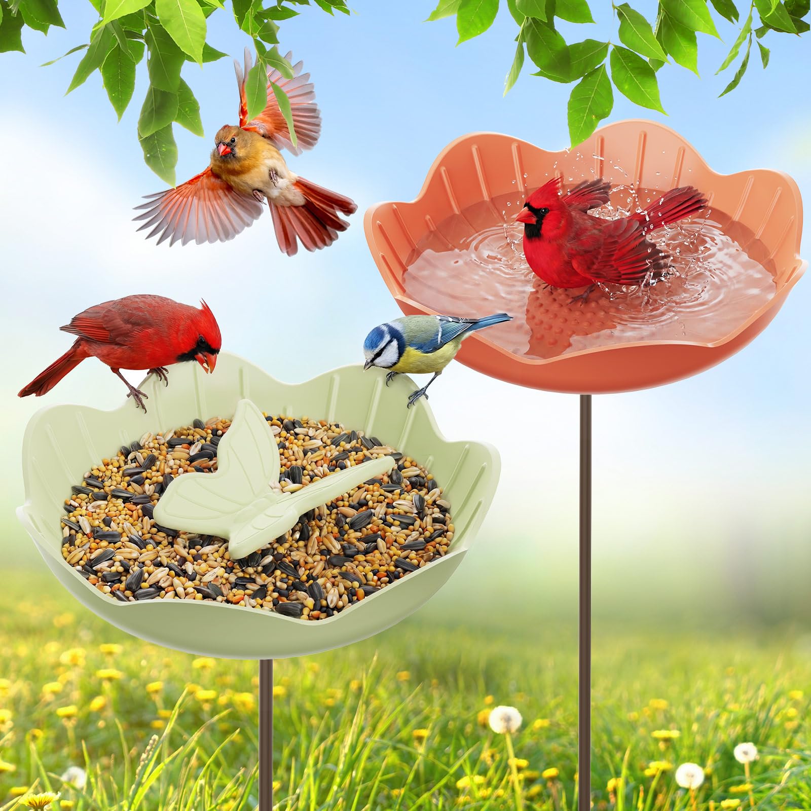 Kinsgyard - Paquete de 2 comederos para pájaros con poste ajustable, comedero para pájaros silvestres para decoración de jardín al aire libre, gran capacidad de semillas, fácil de limpiar y rellenar