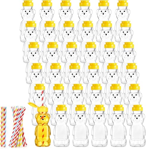 Miniatura 8 de 36 botellas vacías de plástico de oso de miel, tarro de miel de 8 onzas con recipientes para pajitas, botella exprimible en forma de oso,